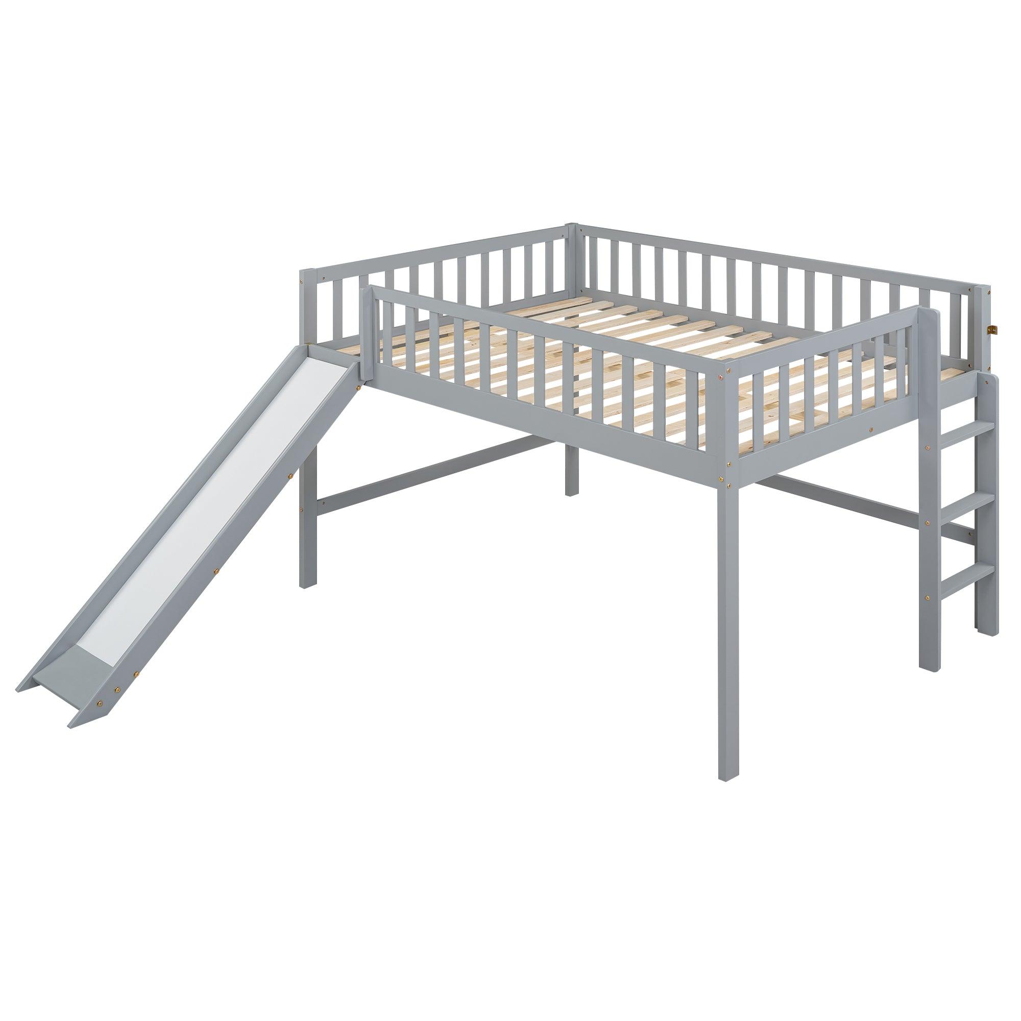 Full Size Low Loft Bed with Ladder and Slide, Gray