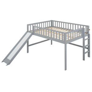 Full Size Low Loft Bed with Ladder and Slide, Gray