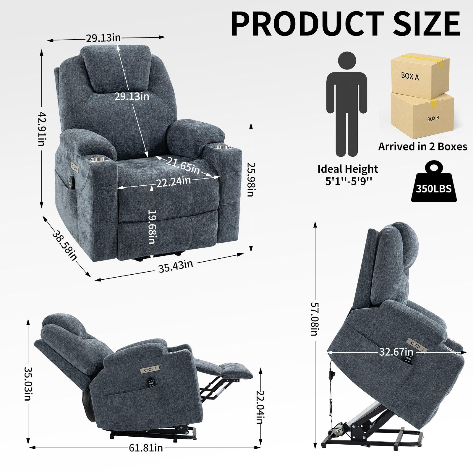 🆓🚛 Okin Motor Up To 350 Lbs Chenille Power Lift Recliner Chair, Heavy Duty Motion Mechanism With 8-Point Vibration Massage & Lumbar Heating, Usb & Type-C Ports, Stainless Steel Cup Holders, Blue