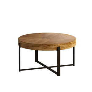 33.86" Modern Retro Splicing Round Coffee Table, Fir Wood Table Top with Black Cross Legs Base