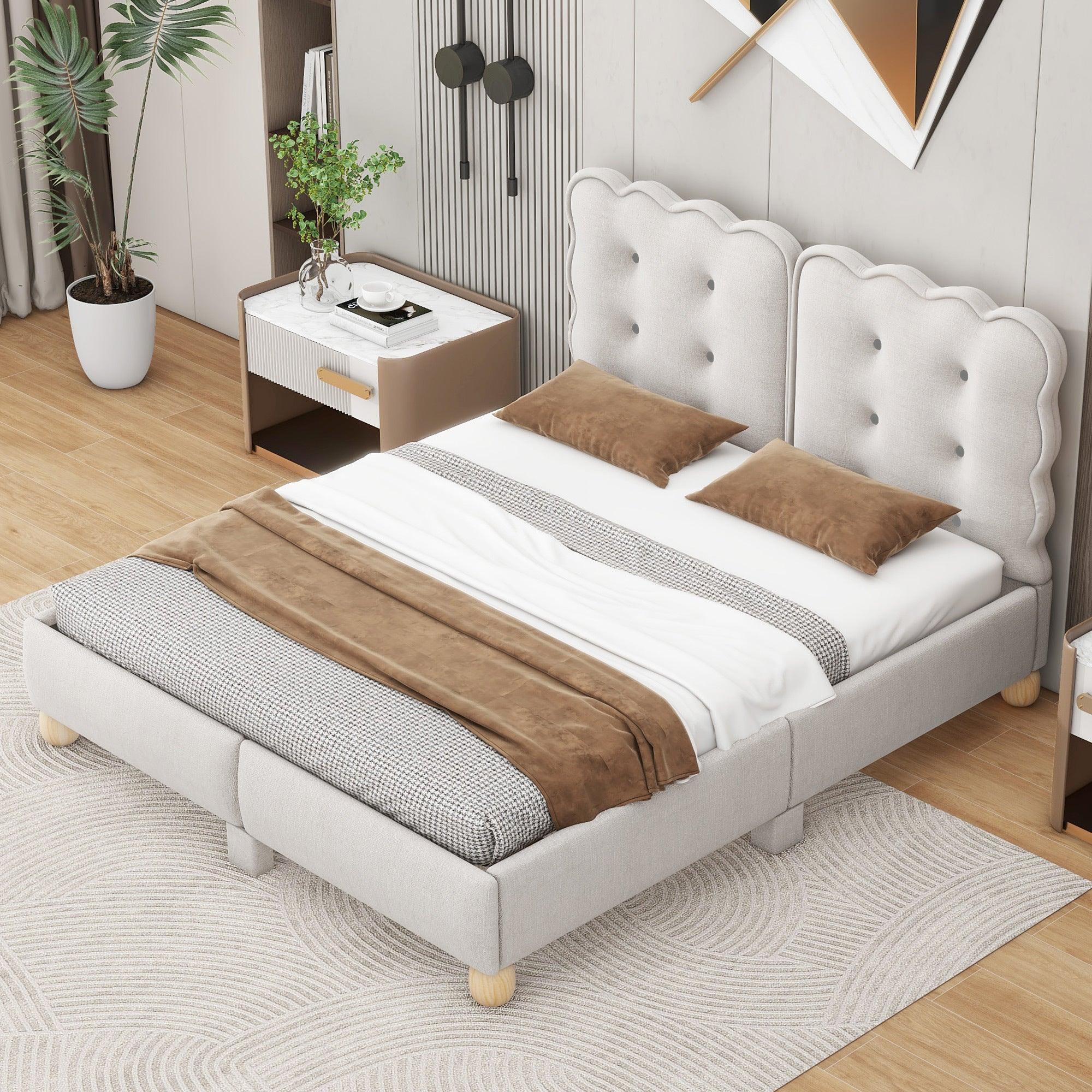 🆓🚛 Queen Size Upholstered Platform Bed With Support Legs, Beige