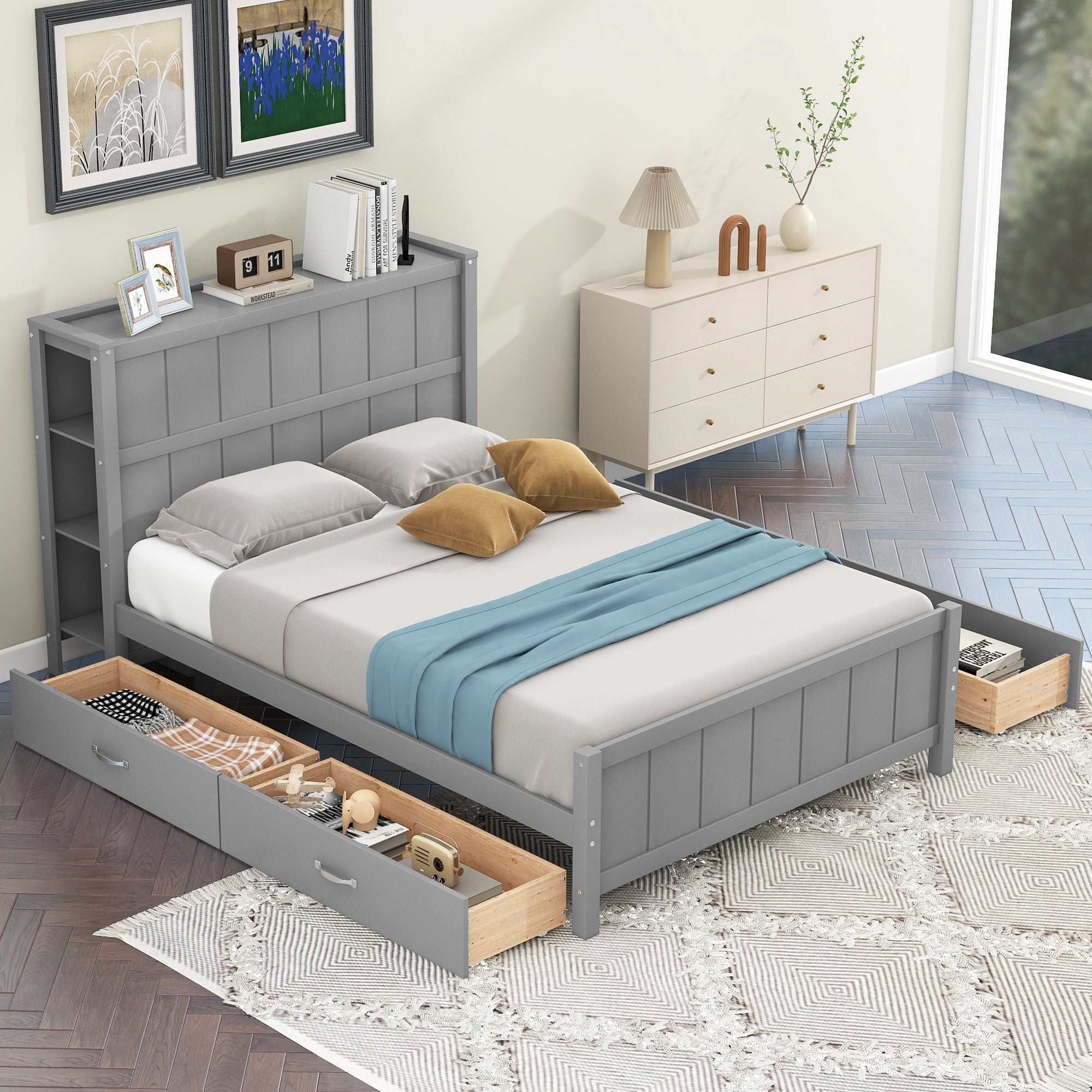 🆓🚛 Full Size Platform Bed With Drawers and Storage Shelves, Gray