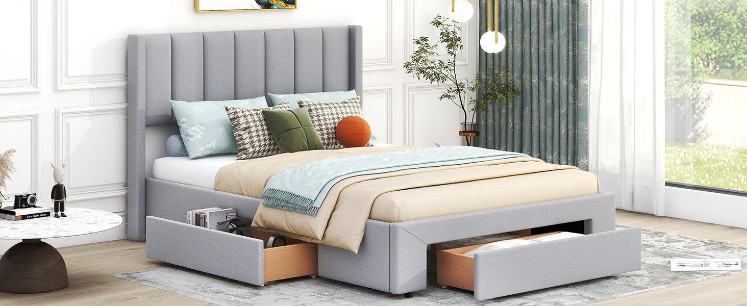 Full Size Upholstered Platform Bed with One Large Drawer in the Footboard and Drawer on Each Side, Gray