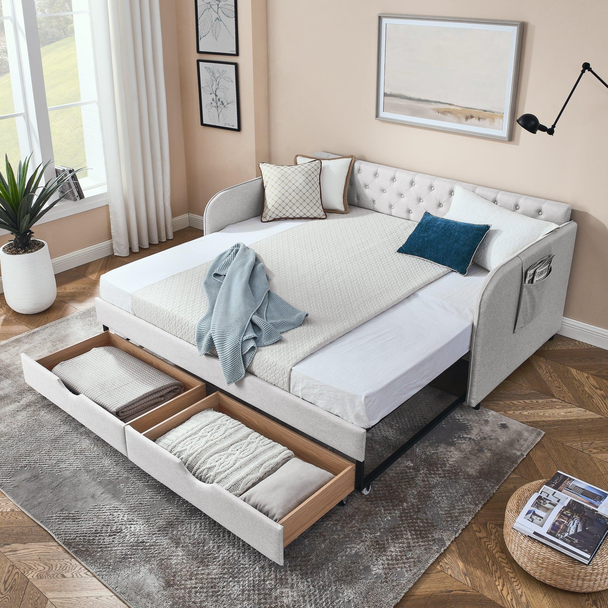 🆓🚛 Twin Size Upholstery Daybed With Trundle Bed & Two Storage Drawers, Flat Arms With Pocket, Extendable Daybed for Bedroom Living Room, Linen Beige