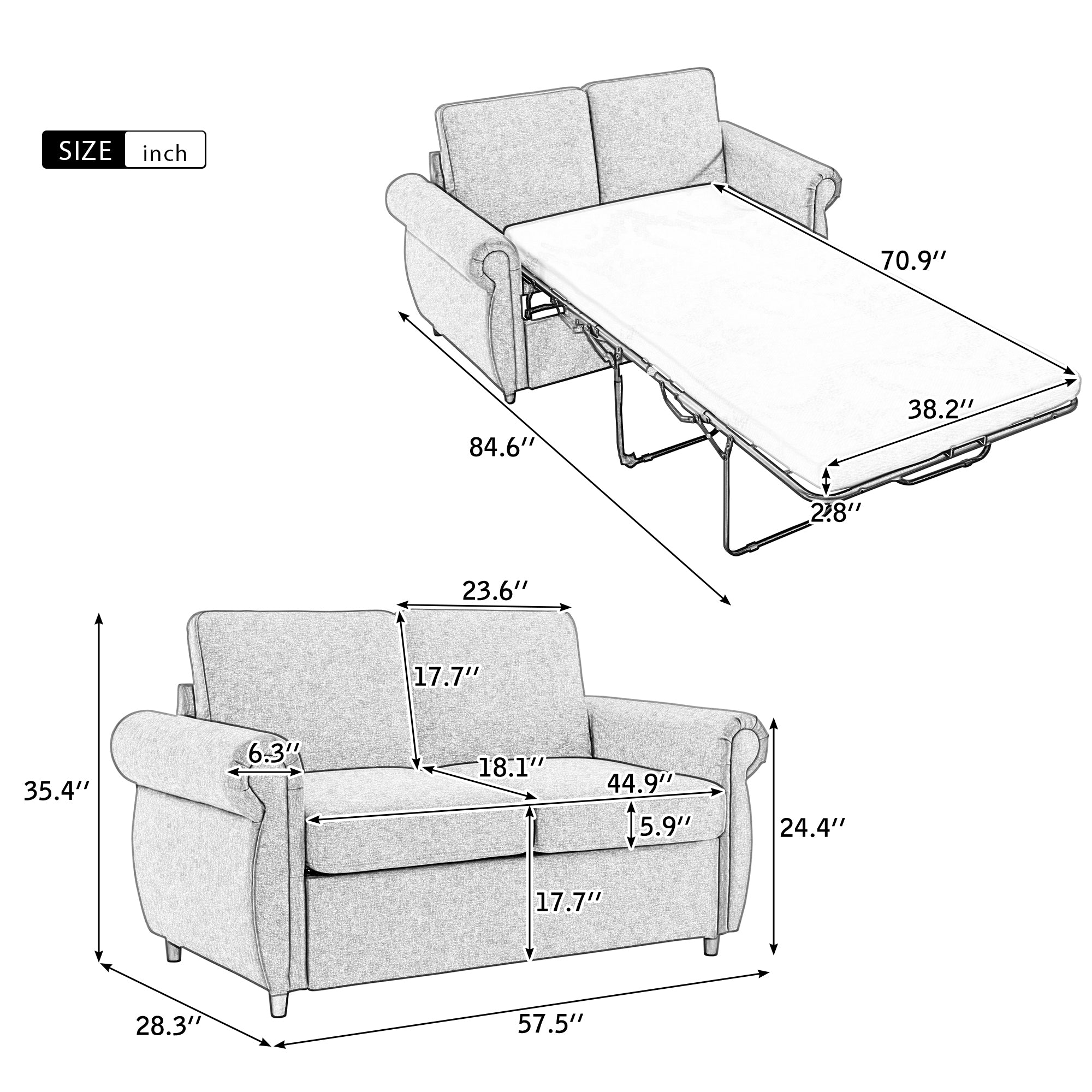 57.5" Orisfur Pull Out Sofa Bed  Loveseat Sleeper with Twin Size Memory Mattress for Living Room Spaces, Brown