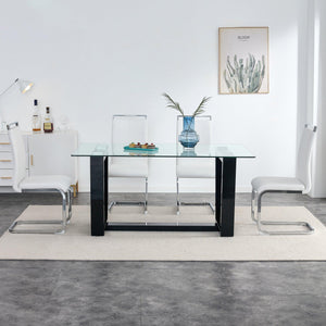 Glass Dining Table Large Modern Minimalist Rectangular  for 6-8 with 0.4" Tempered Glass Tabletop and Black MDFTrapezoid Bracket, For Kitchen Dining Living Meeting Room Banquet Hall