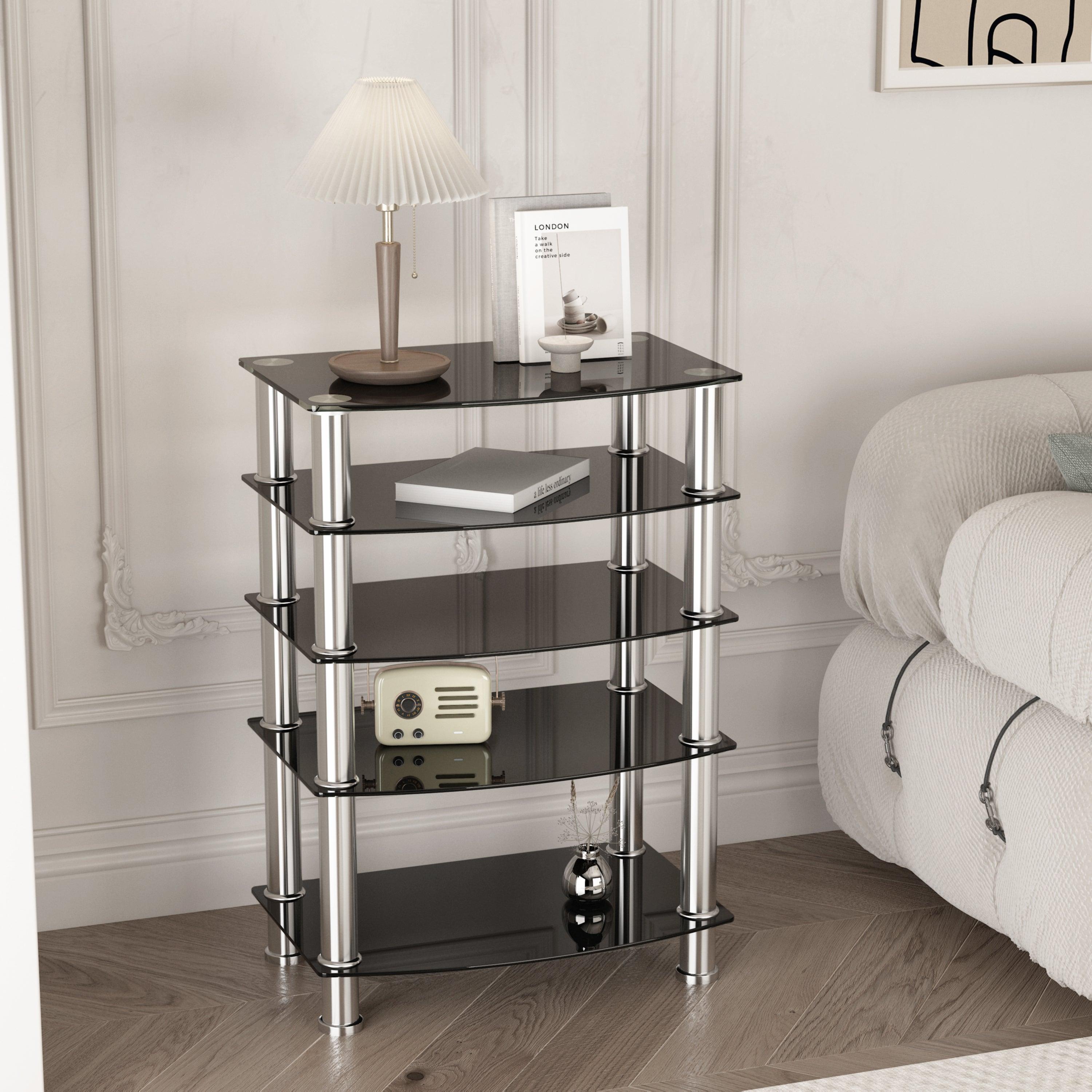 🆓🚛 5-Tier Tempered Glass Side Table Stainless Steel Frame End Table for Living Room, Bedroom, Black