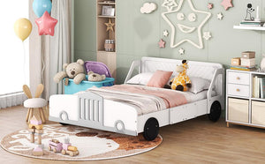 Full Size Car-Shaped Platform Bed with Wheels, White