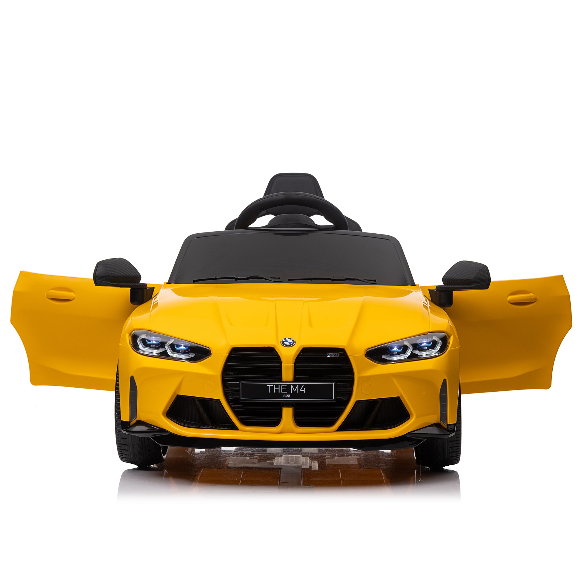 🆓🚛 Bmw M4 12V Kids Ride On Toy Car 2.4G W/Parents Remote Control, Three Speed Adjustable, Power Display, USB, Mp3, Bluetooth, Led Light, Story, Handle With Wheels and a Pull, Yellow