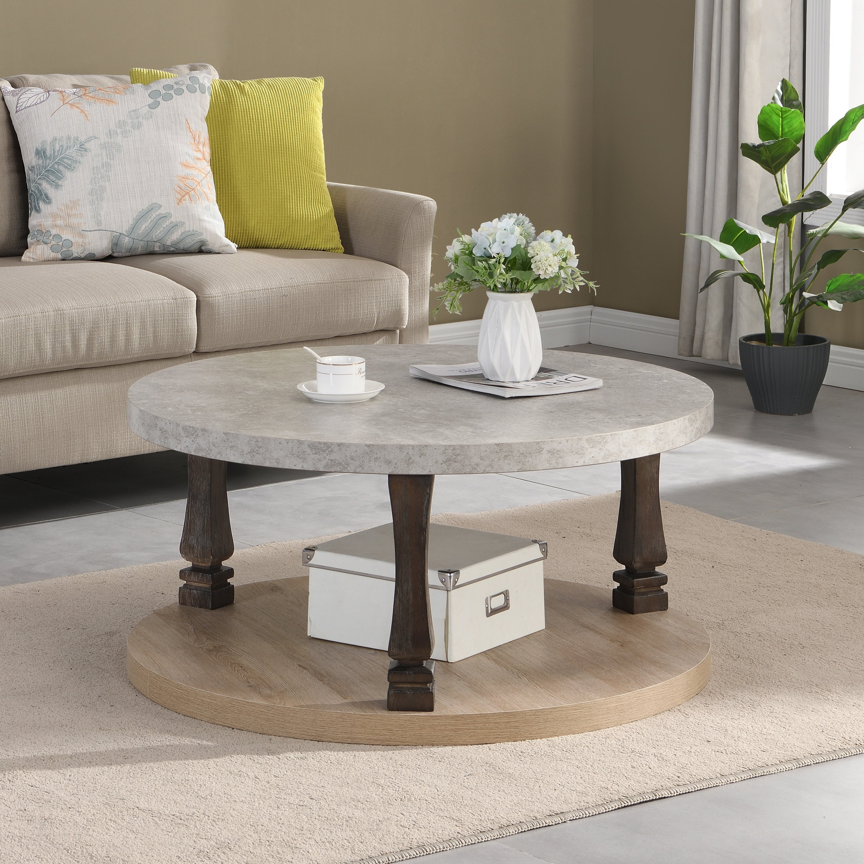🆓🚛 Mid-Century 2-Tier Round Coffee Table With Storage Shelf, Gray