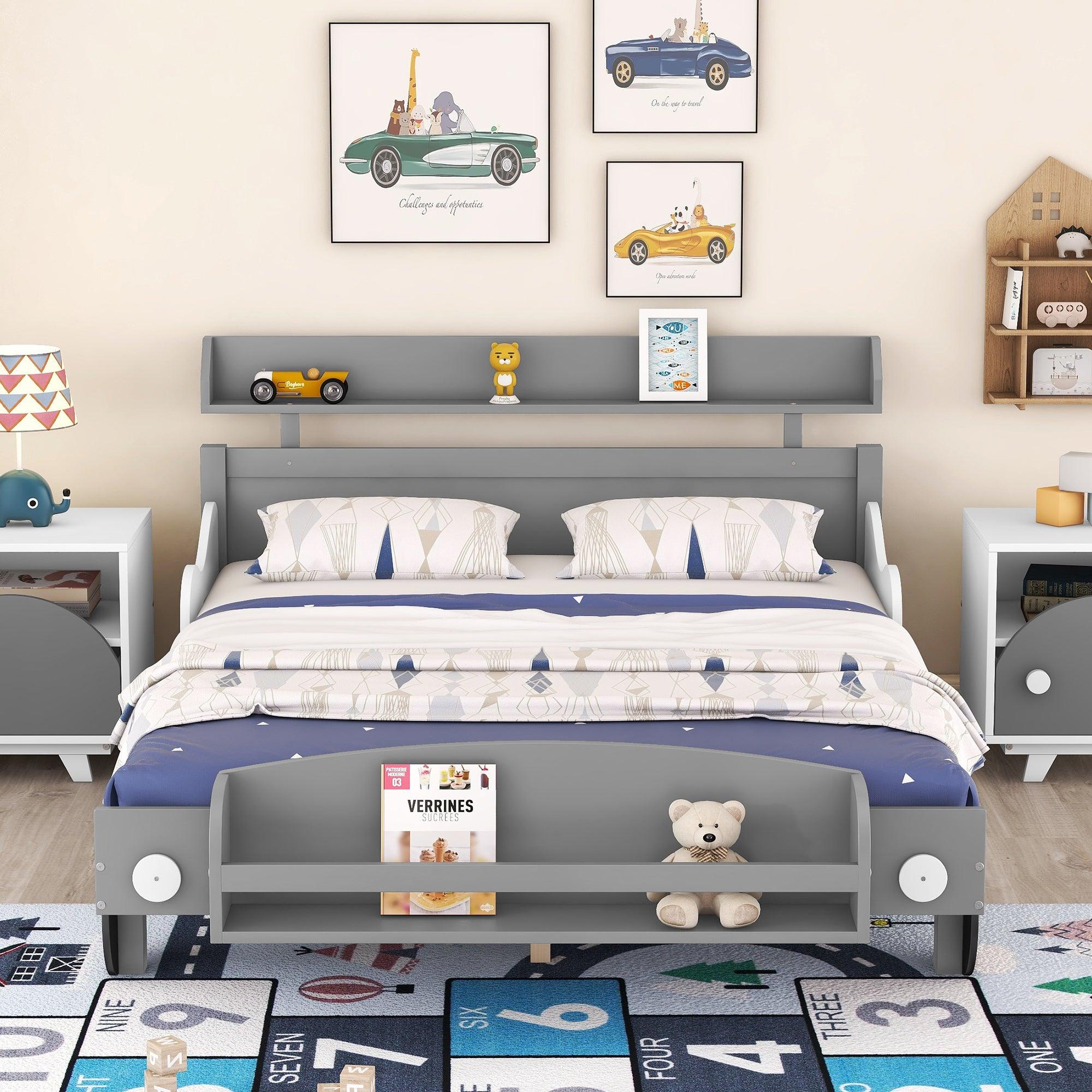 Full Size Car-Shaped Platform Bed, Full Bed with Storage Shelf for Bedroom, Gray