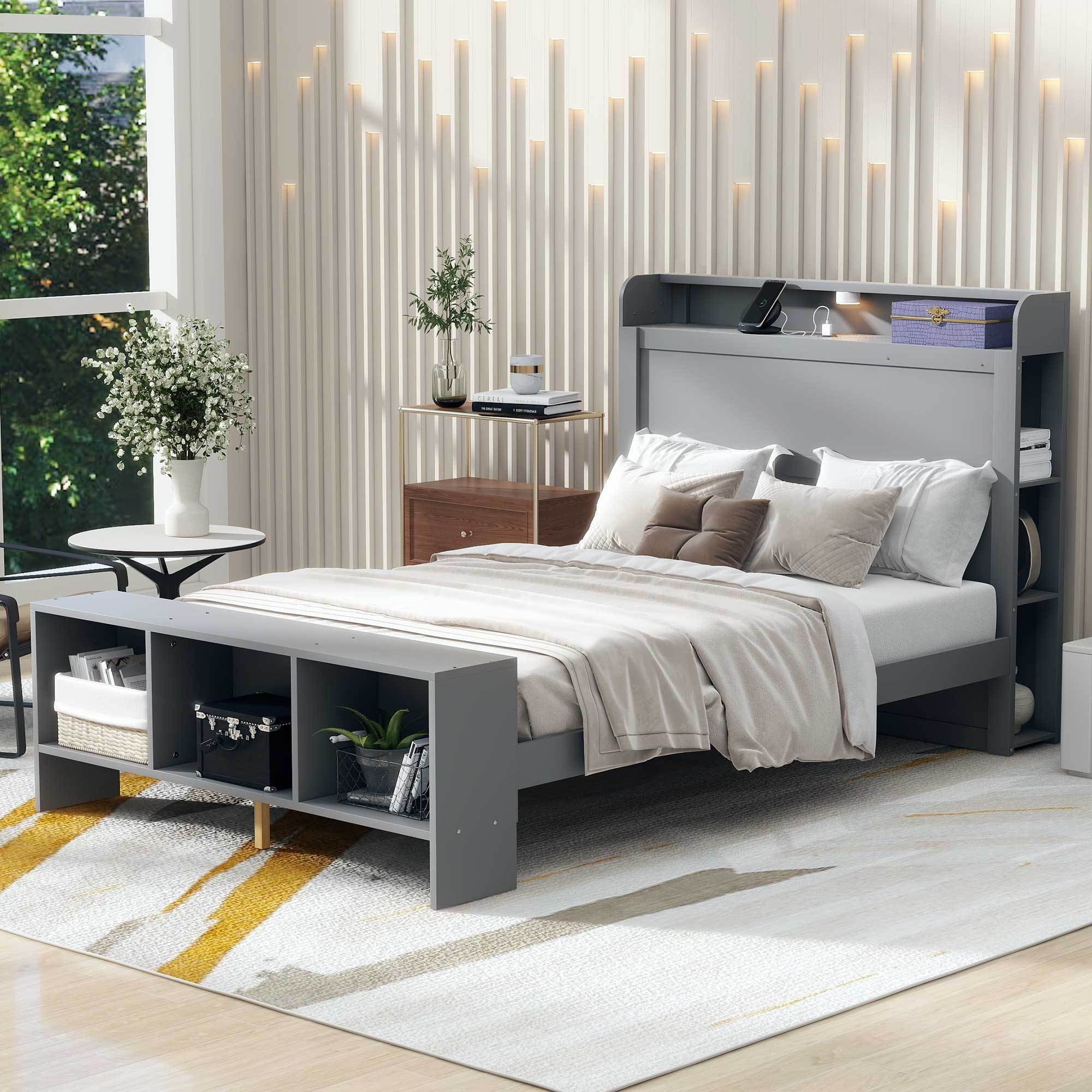 🆓🚛 Full Size Platform Bed With Built-In Shelves, Led Light and Usb Ports, Gray