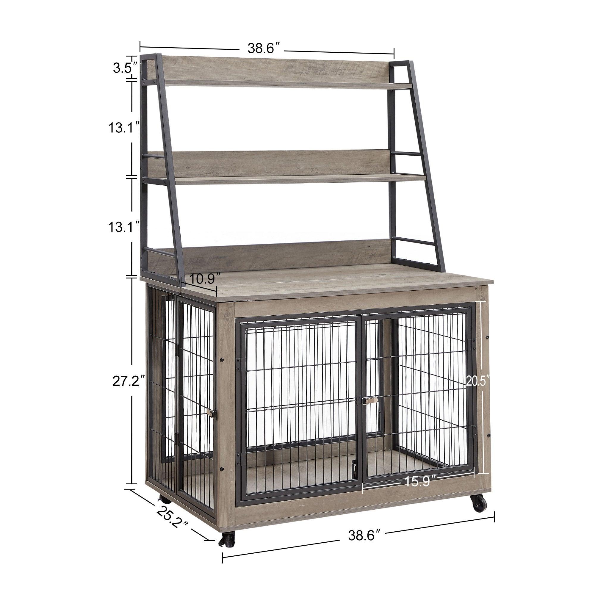 Furniture Style Dog Crate Side Table With Shelves, Equipped With Double Doors And A Raised Roof. Grey, 38.58 ''W X 25.5 ''D X 57 ''H