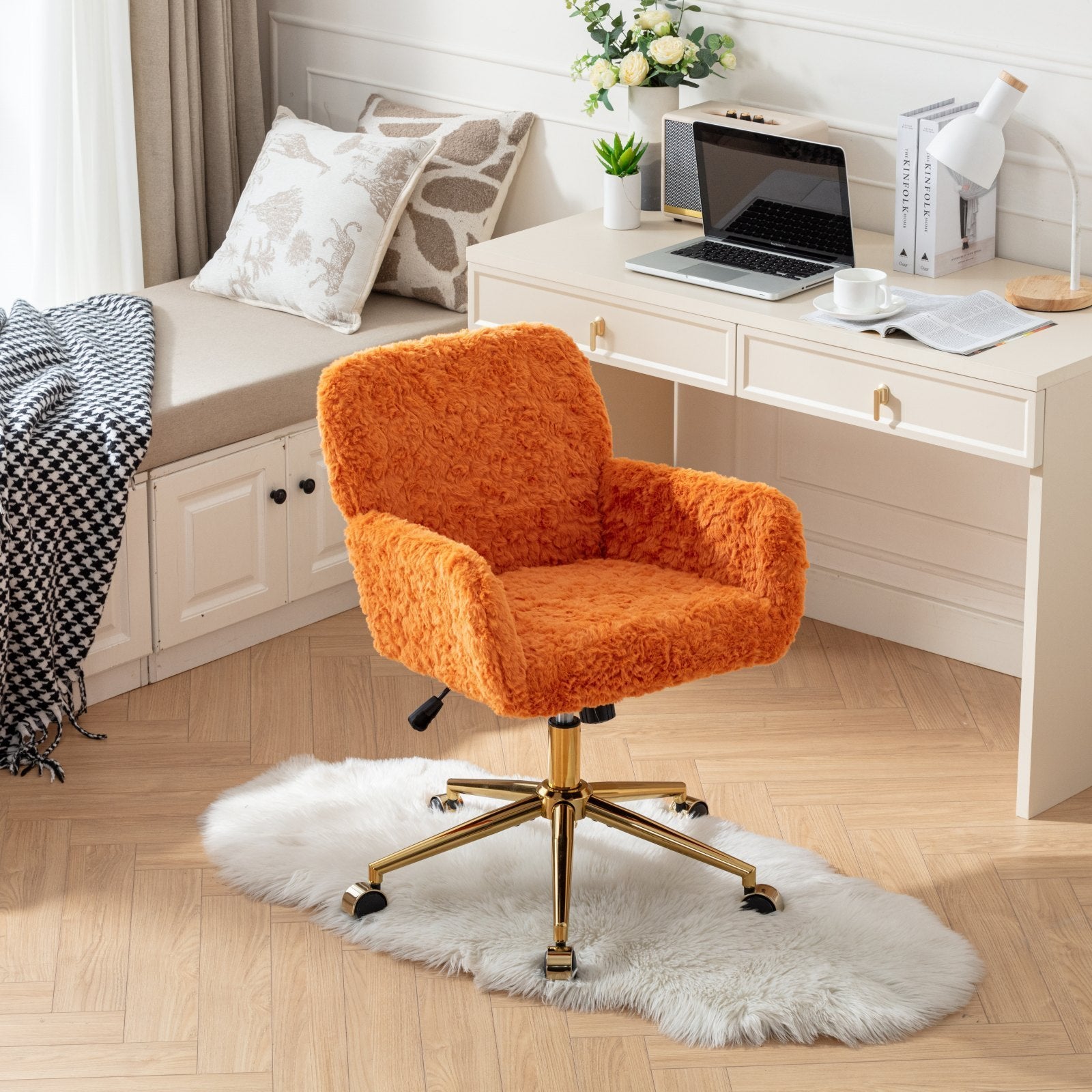 🆓🚛 Furniture Office Chair, Artificial Rabbit Hair Home Office Chair With Golden Metal Base, Adjustable Desk Chair Swivel Office Chair, Vanity Chair, Orange