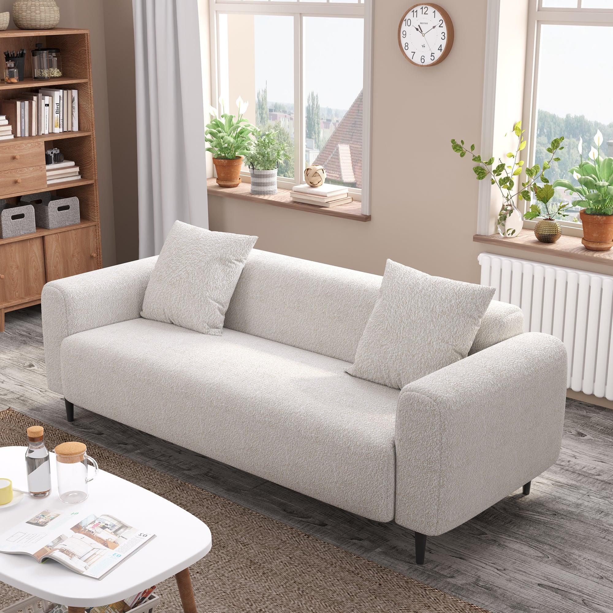 🆓🚛 77.2″ Large Size Two Seat Sofa, Modern Upholstered, White Mohair Granular Velvet