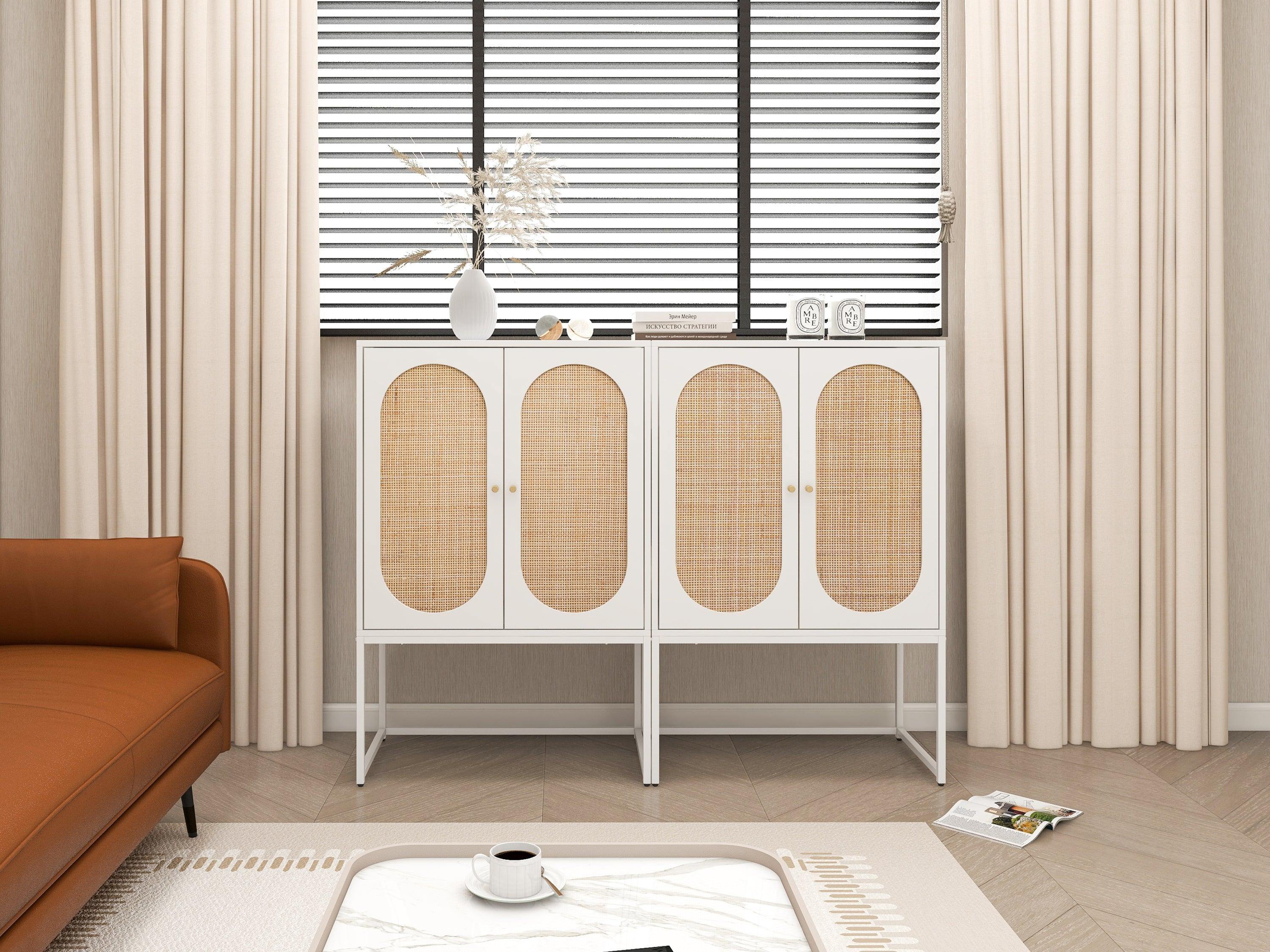 🆓🚛 Set Of 2, Natural Rattan 2 Door High Cabinet, Built-in Adjustable Shelf, Easy Assembly, Free Standing Cabinet for Living Room Bedroom