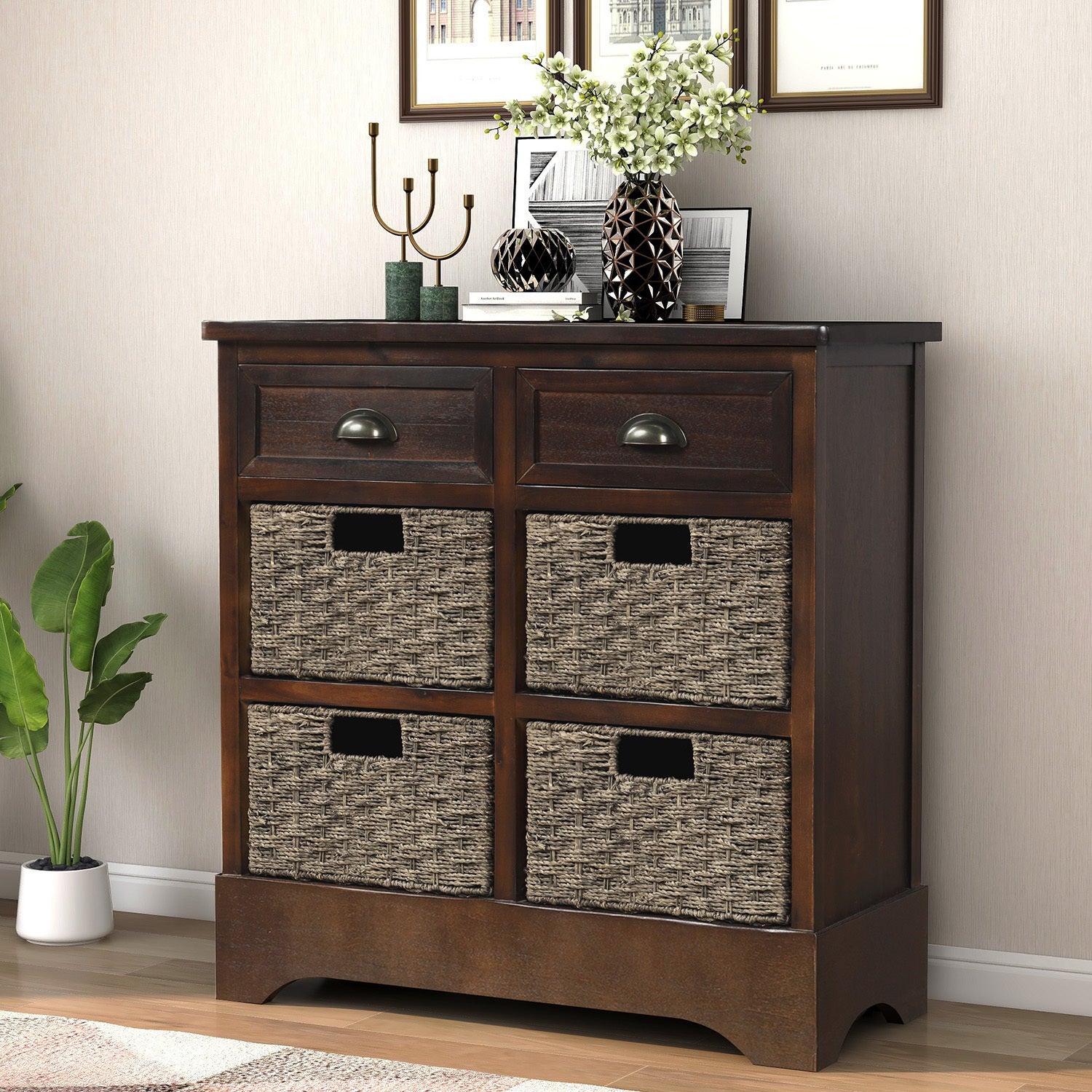 🆓🚛 Rustic Storage Cabinet With Two Drawers and Four Classic Rattan Basket for Dining Room/Living Room (Espresso)