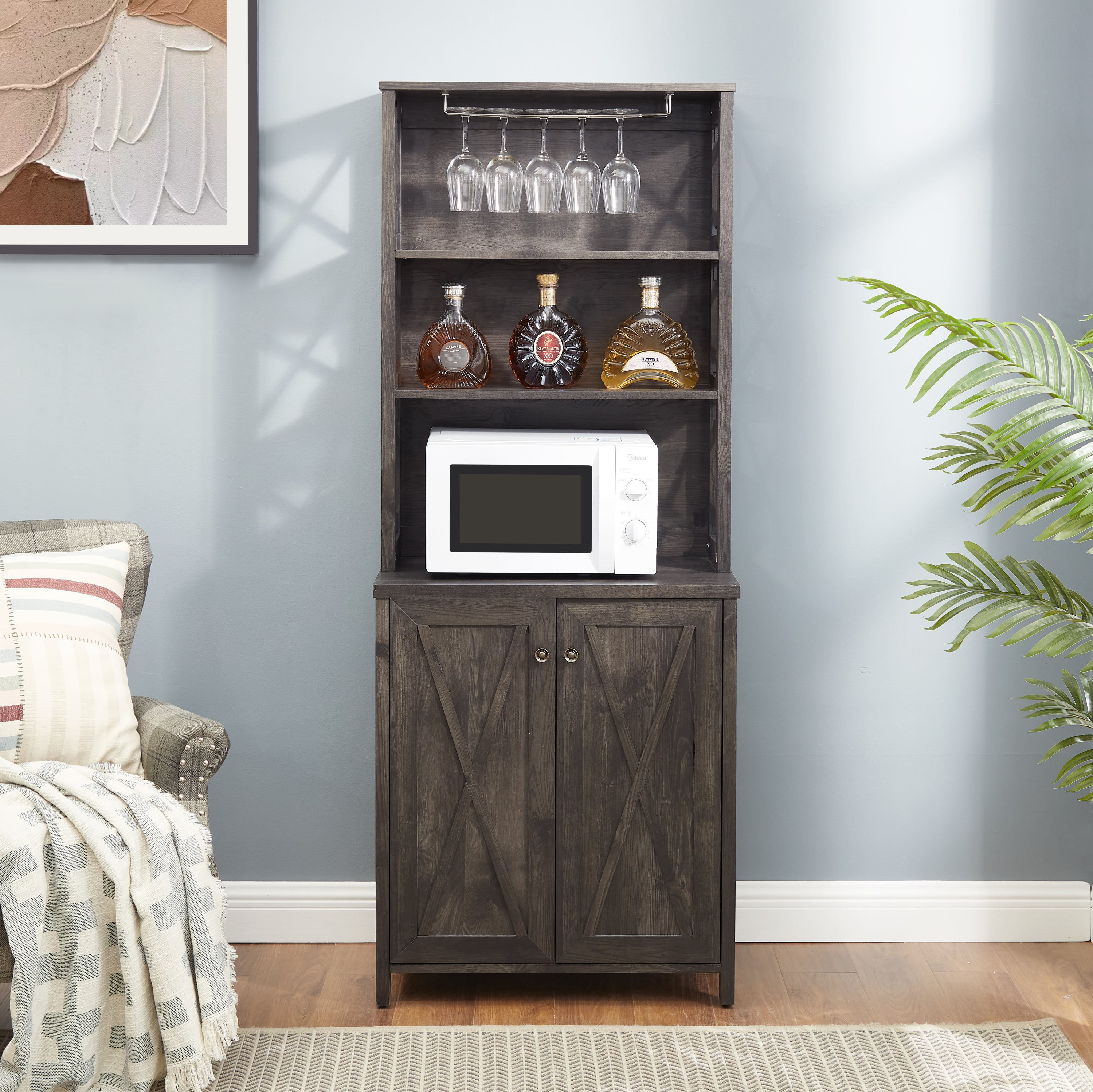 🆓🚛 Coffee Bar Cabinet Kitchen Cabinet With Microwave Stand Metal Frame Side Home Source Bar Cabinet Cabinet and Hollow Out Barn Design Wood Cabinet L26.77''*W15.75''*H67.32'' Charcoal Gray