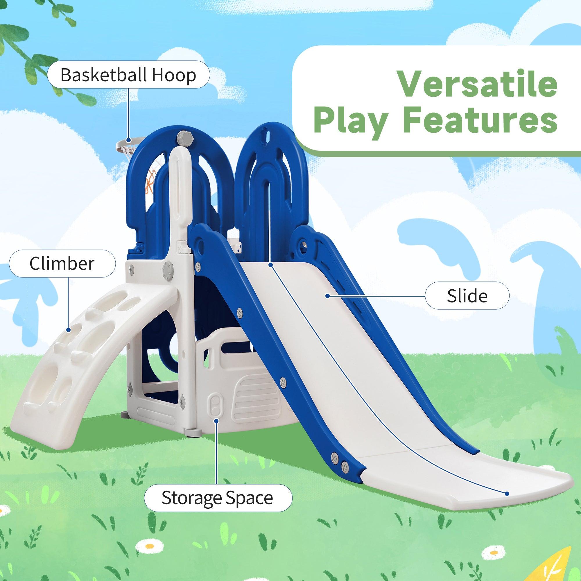 🆓🚛 Toddler Climber & Slide Set 4 in 1, Kids Playground Climber Freestanding Slide Playset With Basketball Hoop Play Combination for Babies Indoor & Outdoor, Blue & Gray