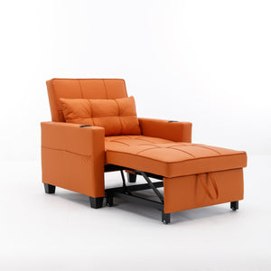 Futon Chair Bed Convertible Chair 3-in-1 Pull Out Sleeper Chair Beds with USB Ports, Wear-resistant and Anti-scratch, Armchair Bed Sleeper for Living Room (Orange Leather)