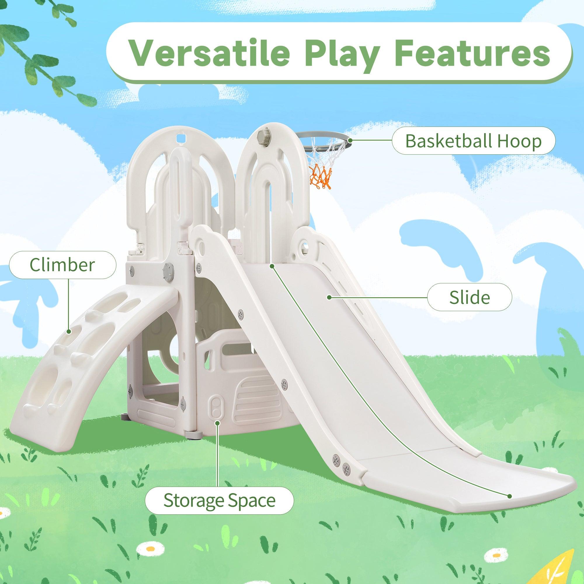 🆓🚛 Toddler Climber & Slide Set 4 in 1, Kids Playground Climber Freestanding Slide Playset With Basketball Hoop Play Combination for Babies Indoor & Outdoor, Gray