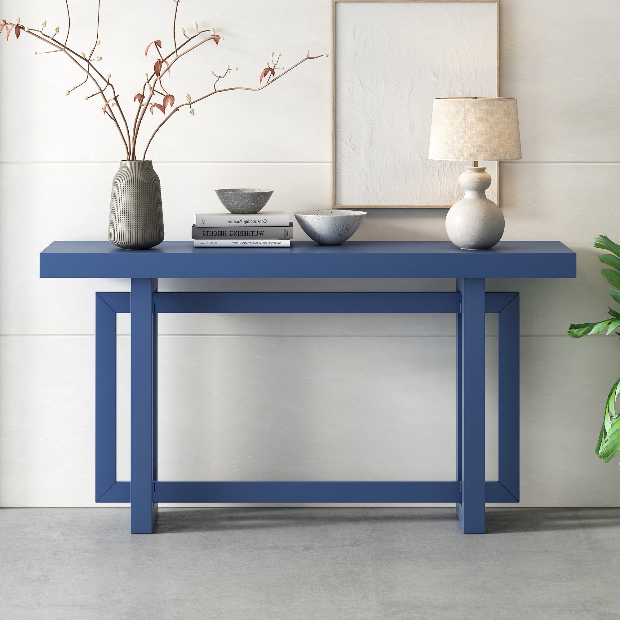 🆓🚛 Contemporary Console Table With Industrial-Inspired Concrete Wood Top, Extra Long Entryway Table, Blue