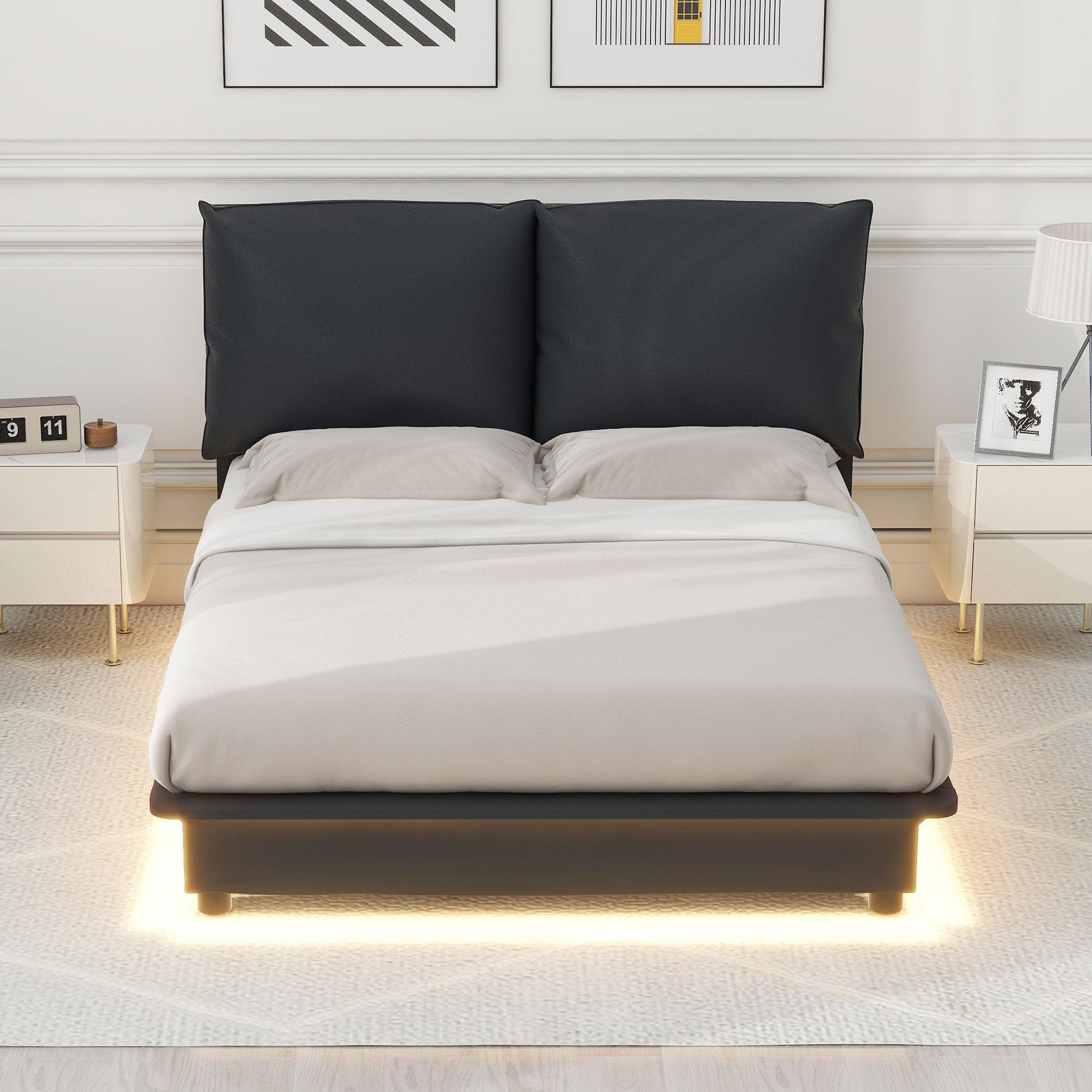 🆓🚛 Full Size Upholstered Platform Bed With Sensor Light & Ergonomic Design Backrests, Black