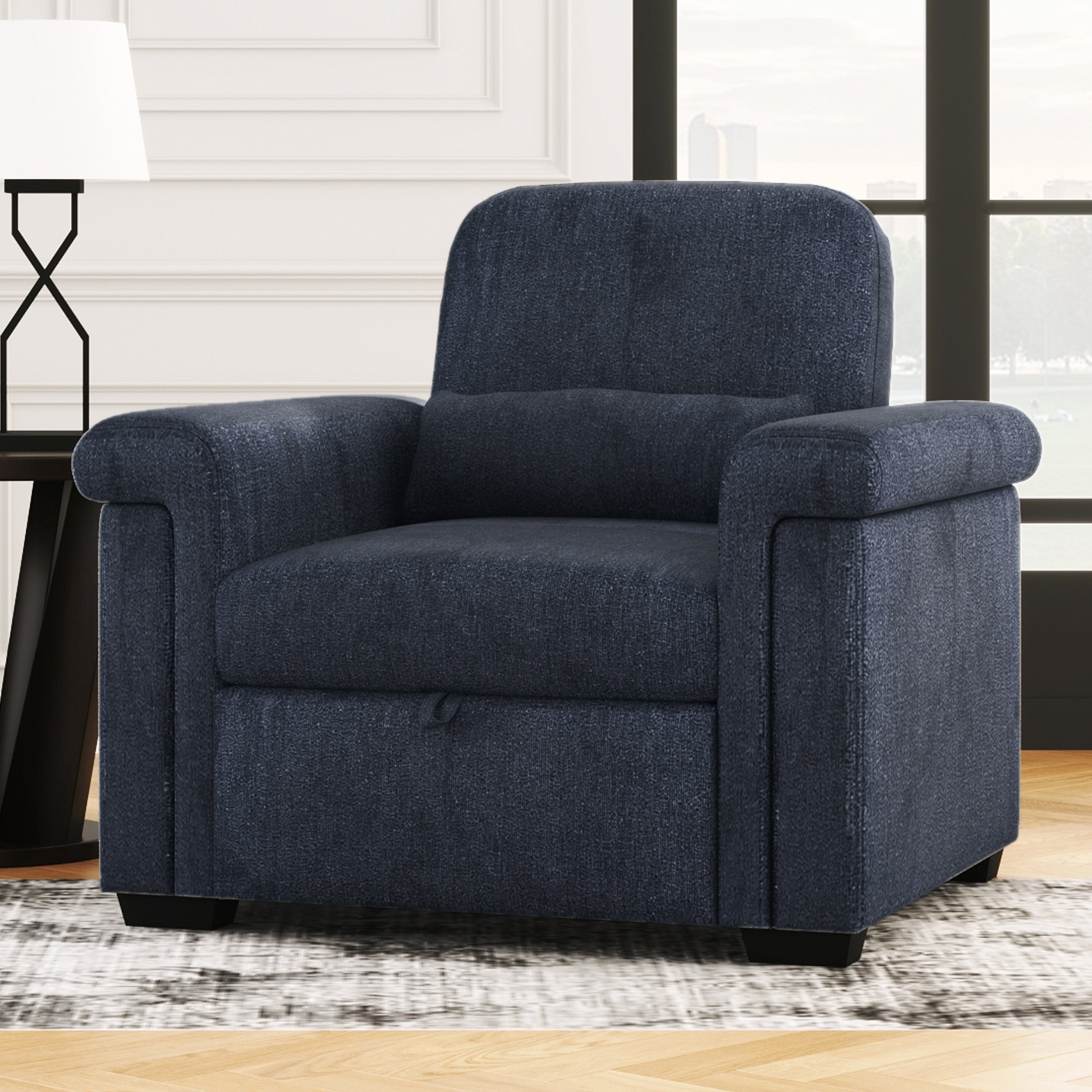 🆓🚛 3 In 1 Convertible Sleeper Chair Sofa Bed Pull Out Couch Adjustable Chair With Pillow, Adjust Backrest Into a Sofa, Lounger Chair, Single Bed Or Living Room Or Apartment, Dark Blue
