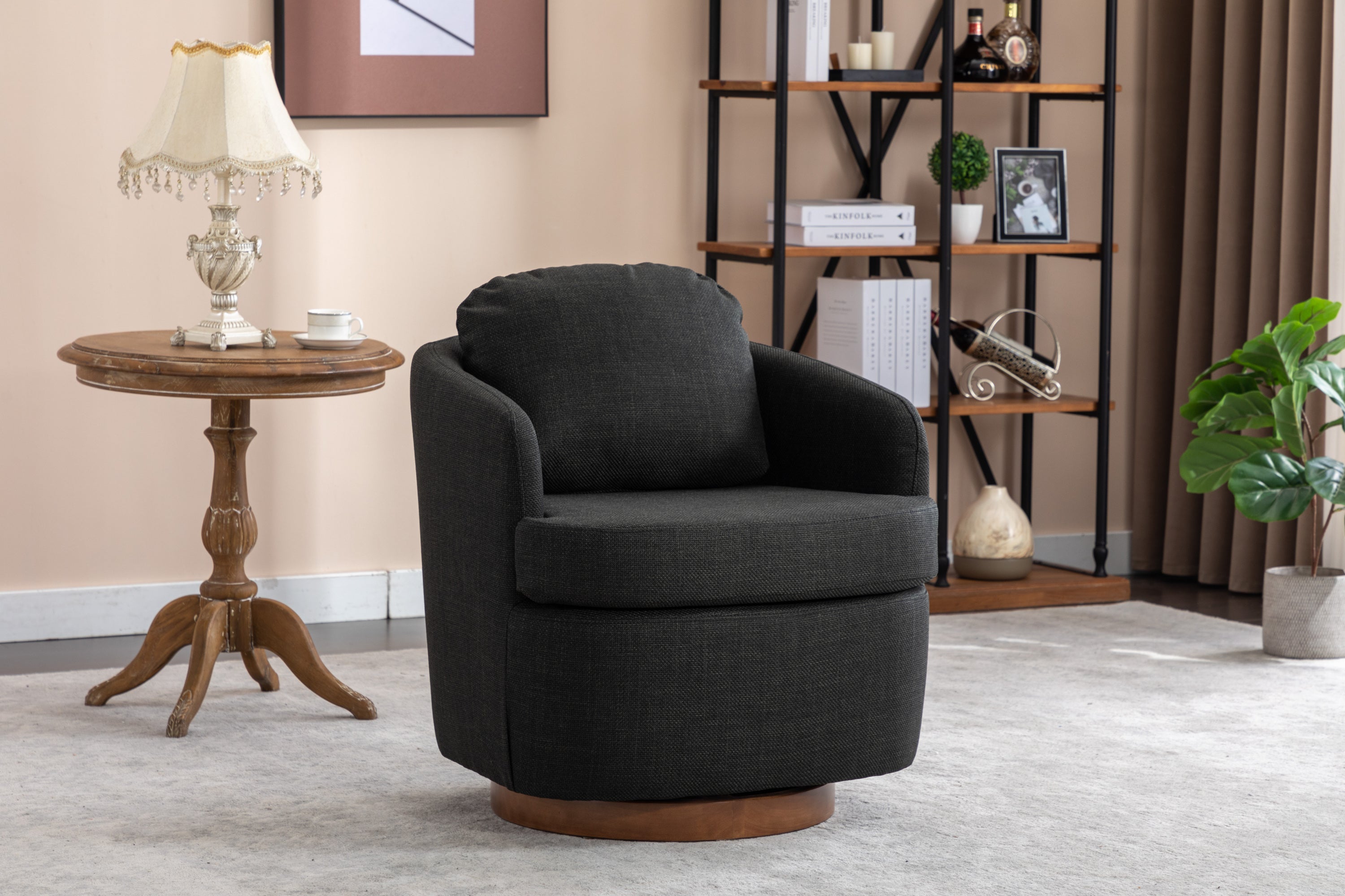 🆓🚛 Linen Fabric Swivel Accent Chair With Solid Wood Round Brown Base Leg, Dark Gray