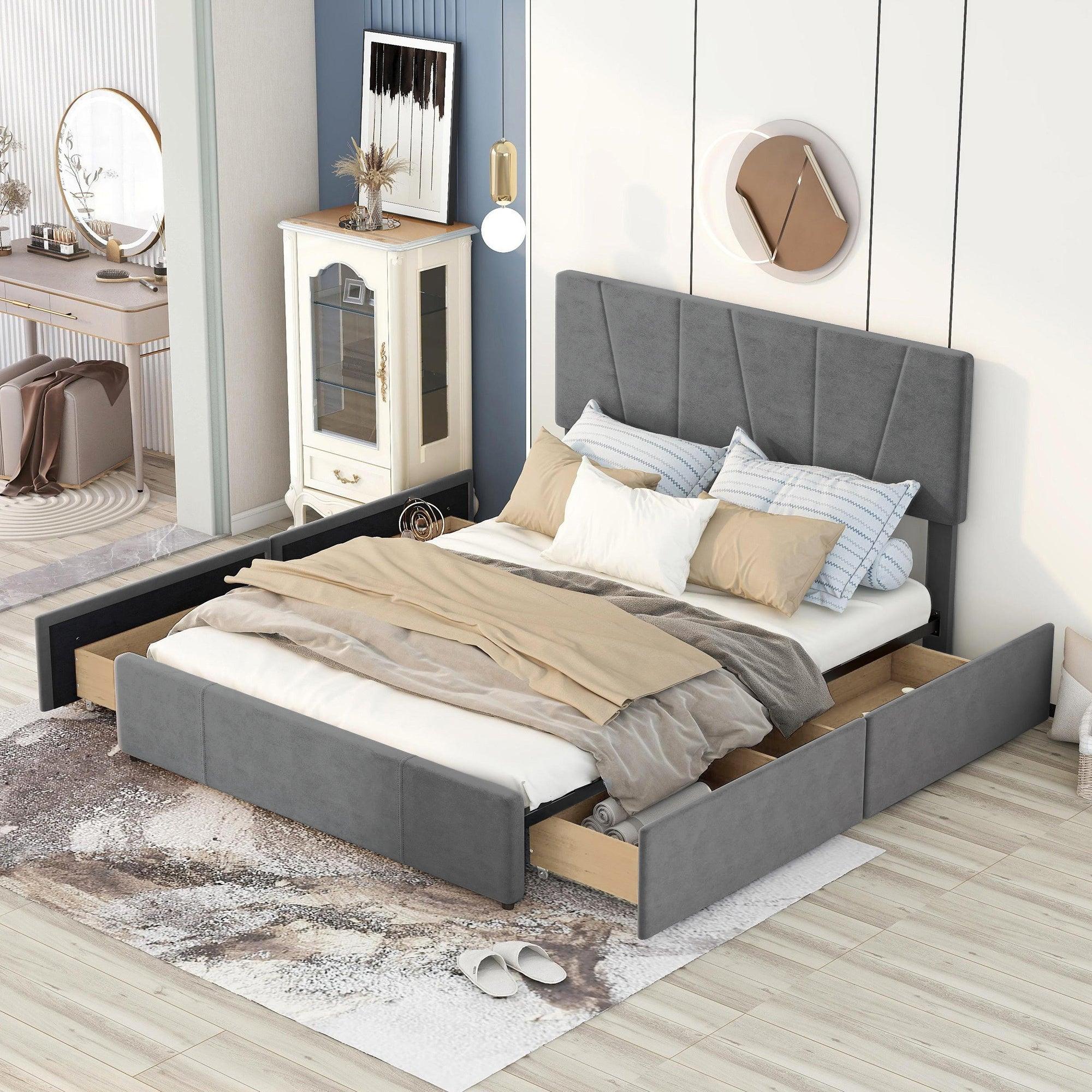 🆓🚛 Queen Size Upholstery Platform Bed With Four Drawers On Two Sides, Adjustable Headboard, Gray