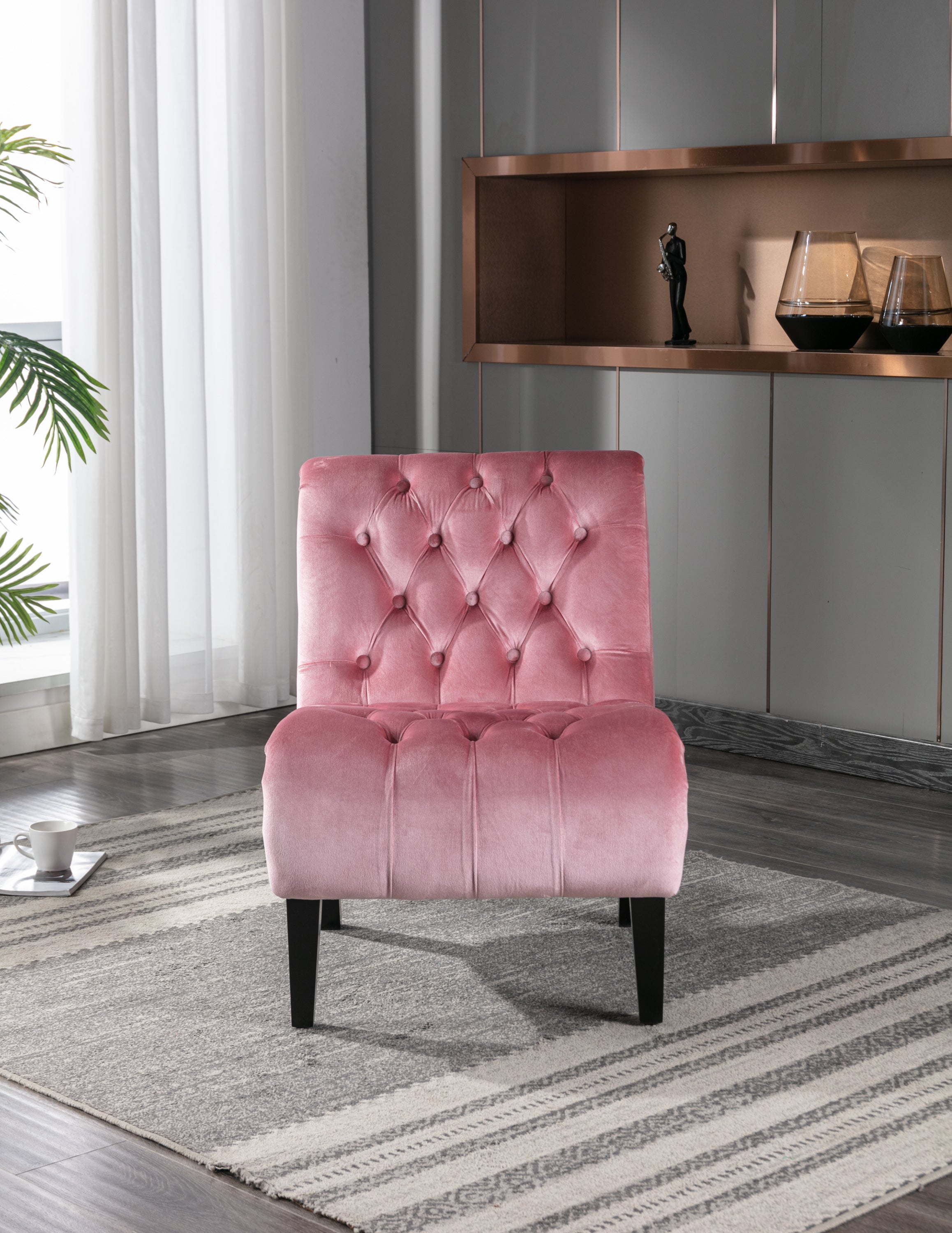 🆓🚛 Armless Living Room Chair with Curved Backrest, Pink