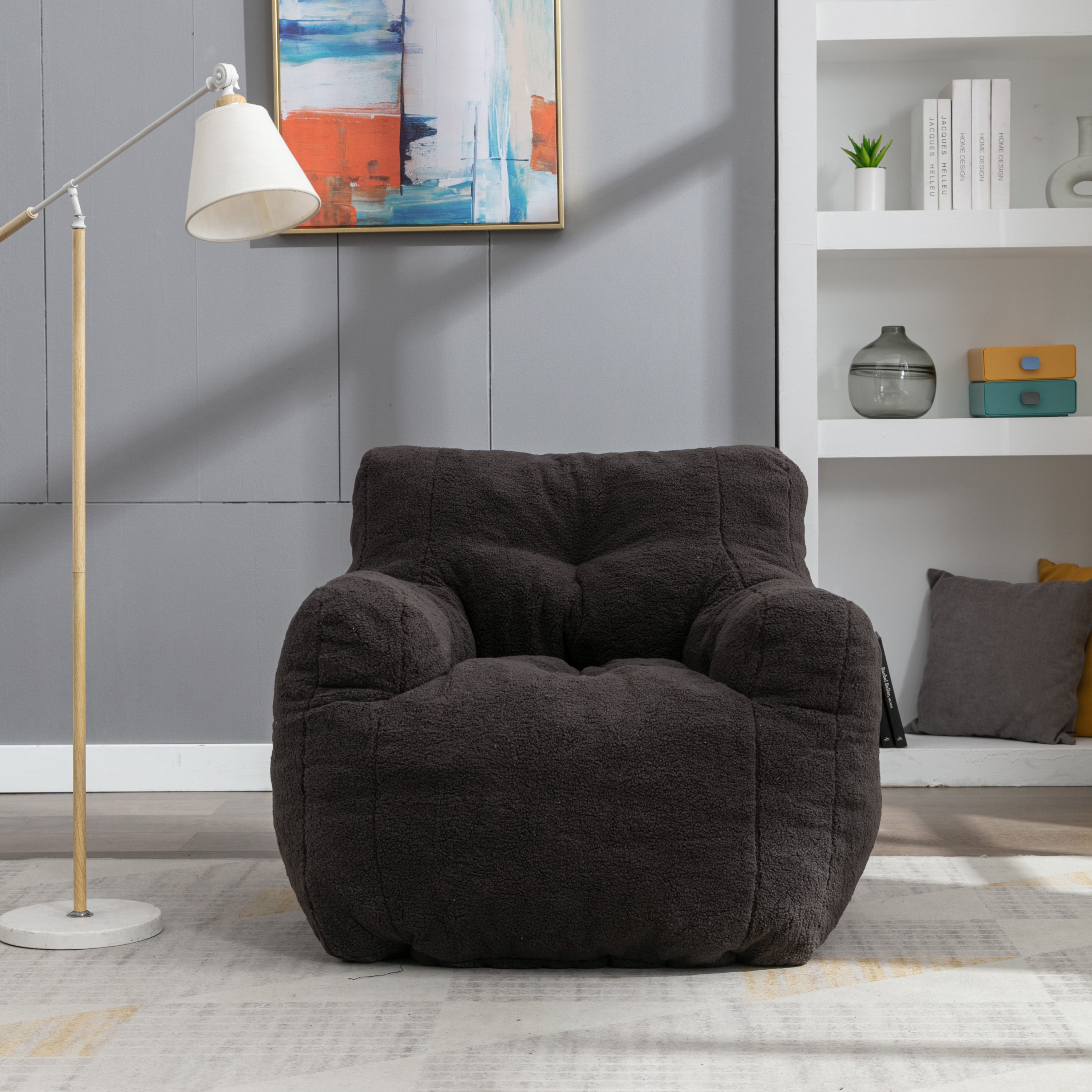 🆓🚛 Soft Tufted Foam Bean Bag Chair With Teddy Fabric, Dark Gray