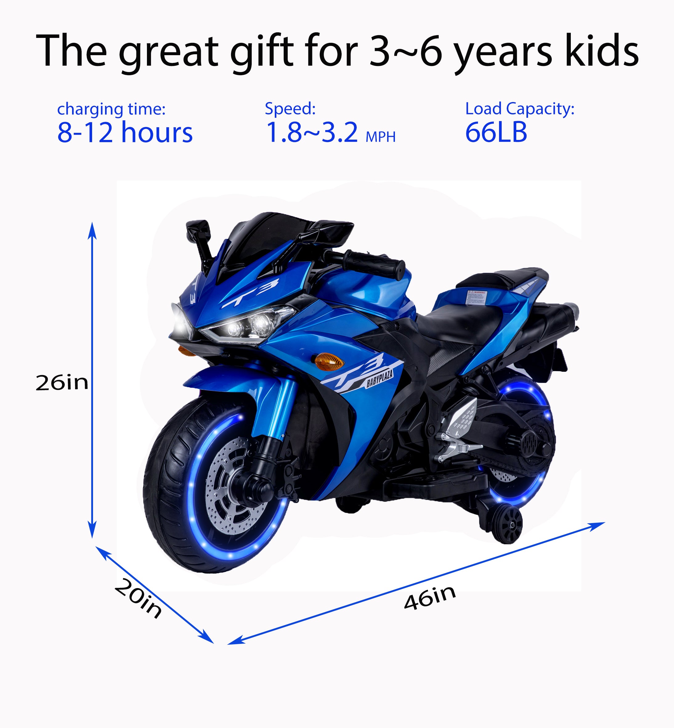 🆓🚛 Kids Motorcycle, 12V Motorcycle for Kids 3 4 5 6 Years Boys Girls 12V7Ah Kids Motorcycle Ride On Toy With Training Wheels/Manual Throttle/ Drive By Hand /Lighting Wheels, Blue