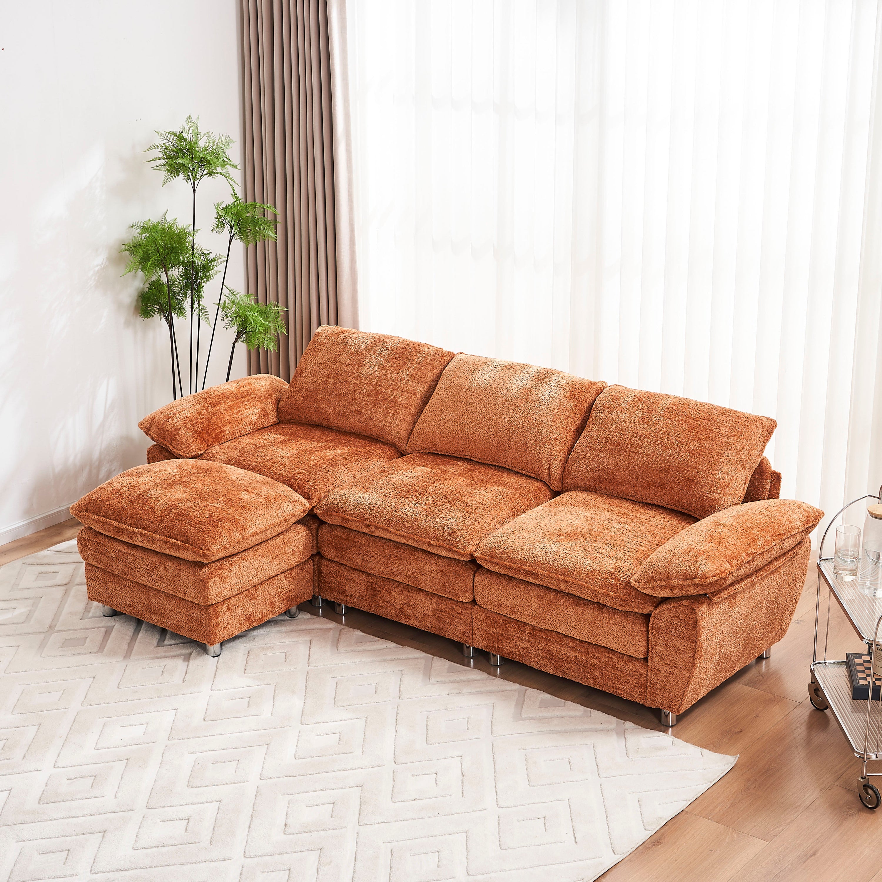 🆓🚛 Modern Deep 3-Seat Sofa Couch With Ottoman, Polyester Sofa Sleeper Comfy Upholstered Furniture for Living Room, Apartment, Studio, Office, Orange