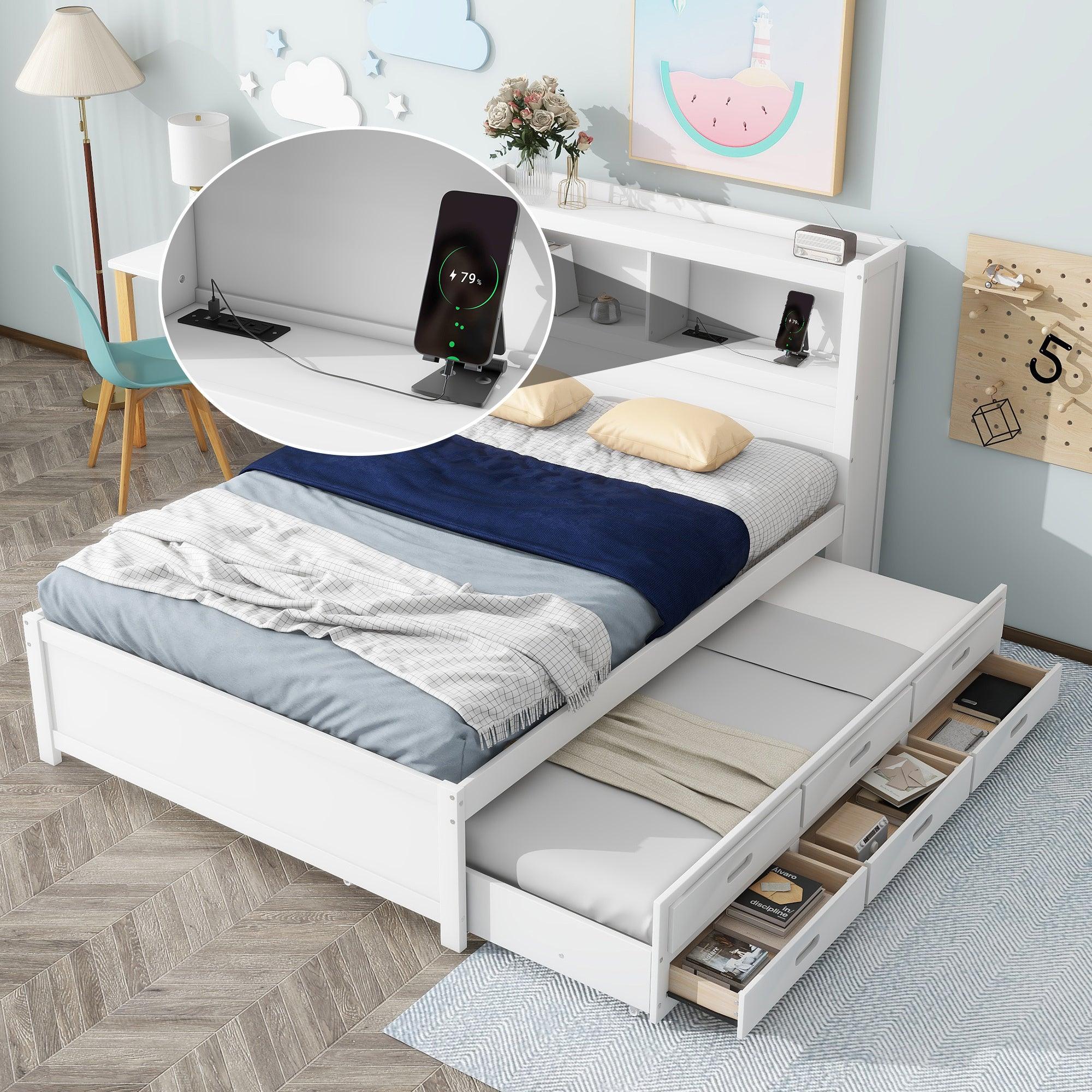 Full Size platform bed with trundle, drawers and USB plugs, White