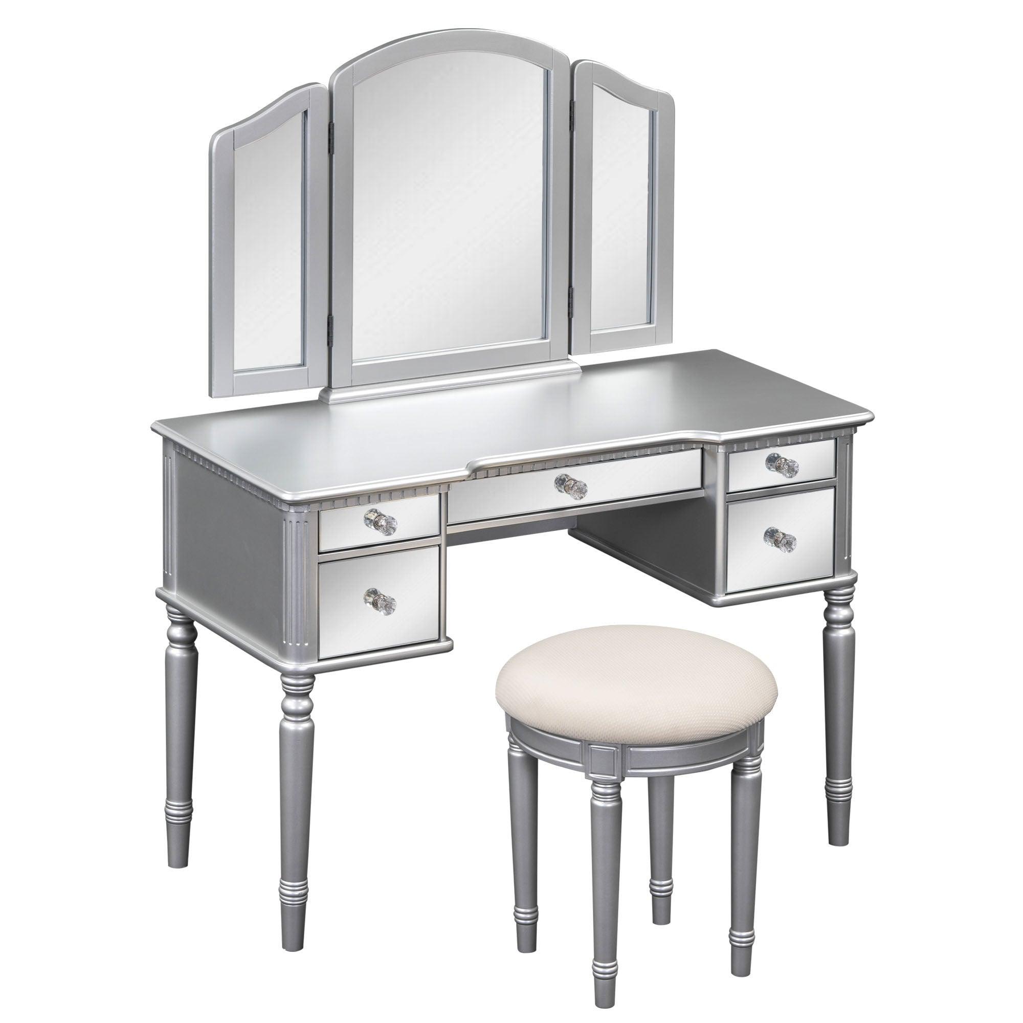43" Dressing Table Set with Mirrored Drawers and Stool, Tri-fold Mirror, Makeup Vanity Set for Bedroom, Silver