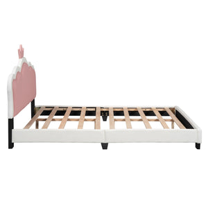 Full size Upholstered Princess Bed With Crown Headboard, Full Size Platform Bed with Headboard and Footboard, White+Pink