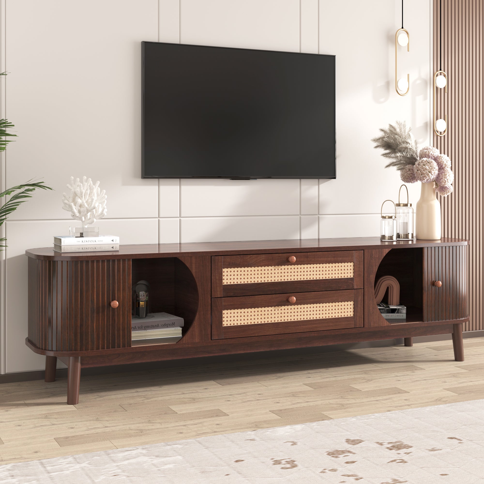 🆓🚛 Rattan TV Stand for TV'S Up To 75'', Modern Farmhouse Media Console, Entertainment Center With Solid Wood Legs, TV Cabinet for Living Room, Home Theatre