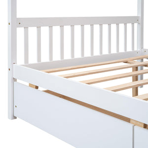 Full Size Wooden House Bed with Drawers, White