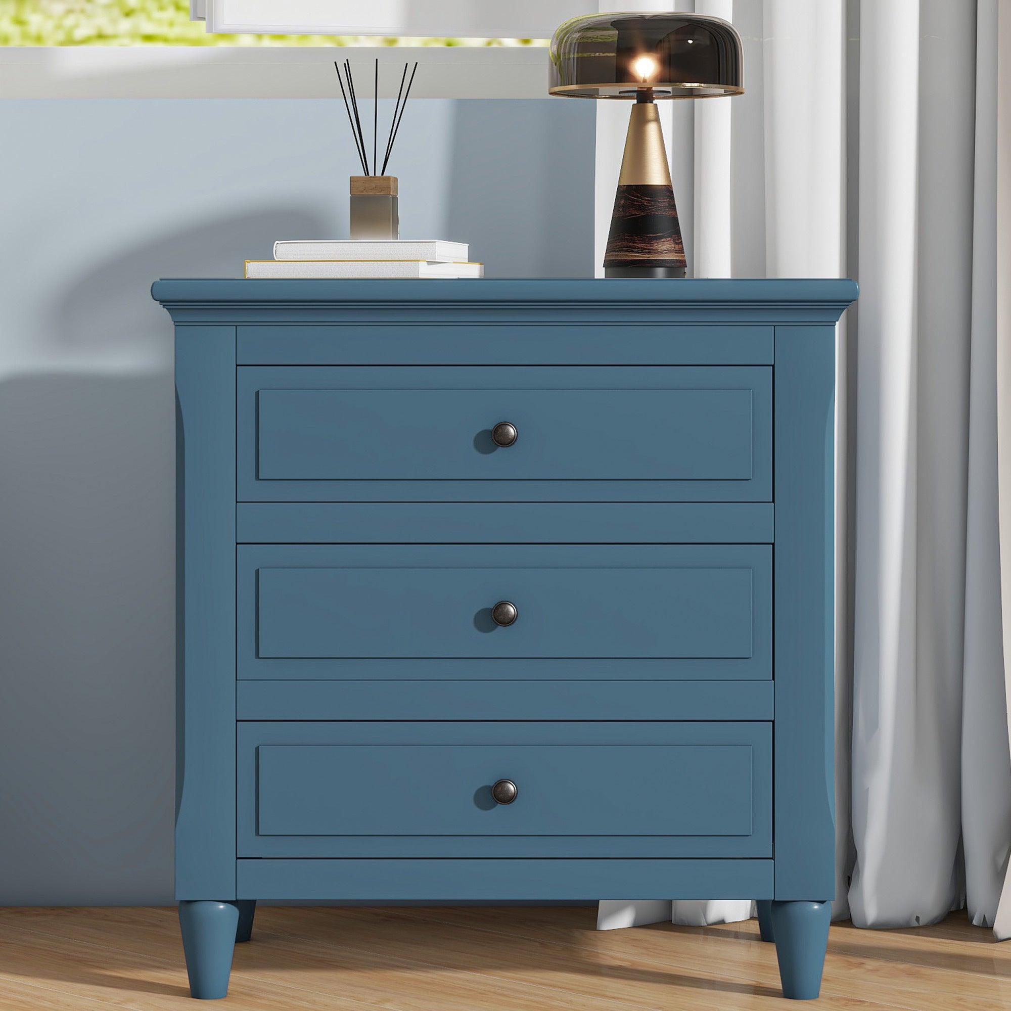 🆓🚛 3-Drawer Nightstand Storage Wood Cabinet, Blue