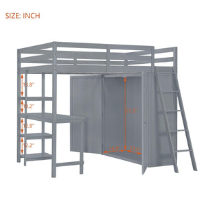 Full Size Loft Bed with Wardrobe and Desk and Shelves, Gray