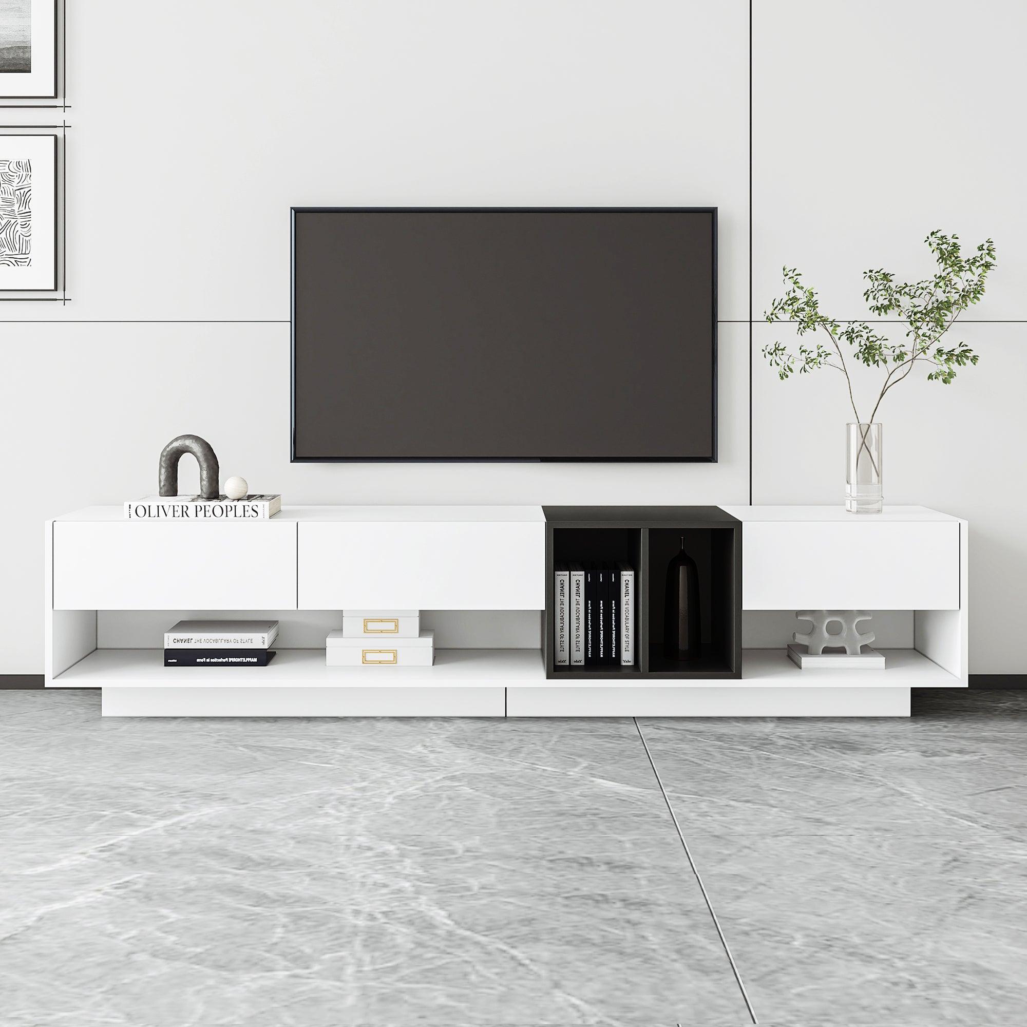 🆓🚛 Sleek & Stylish TV Stand With Perfect Storage Solution, Two-Tone Media Console for TV's Up To 80'', Functional TV Cabinet With Versatile Compartment for Living Room, White