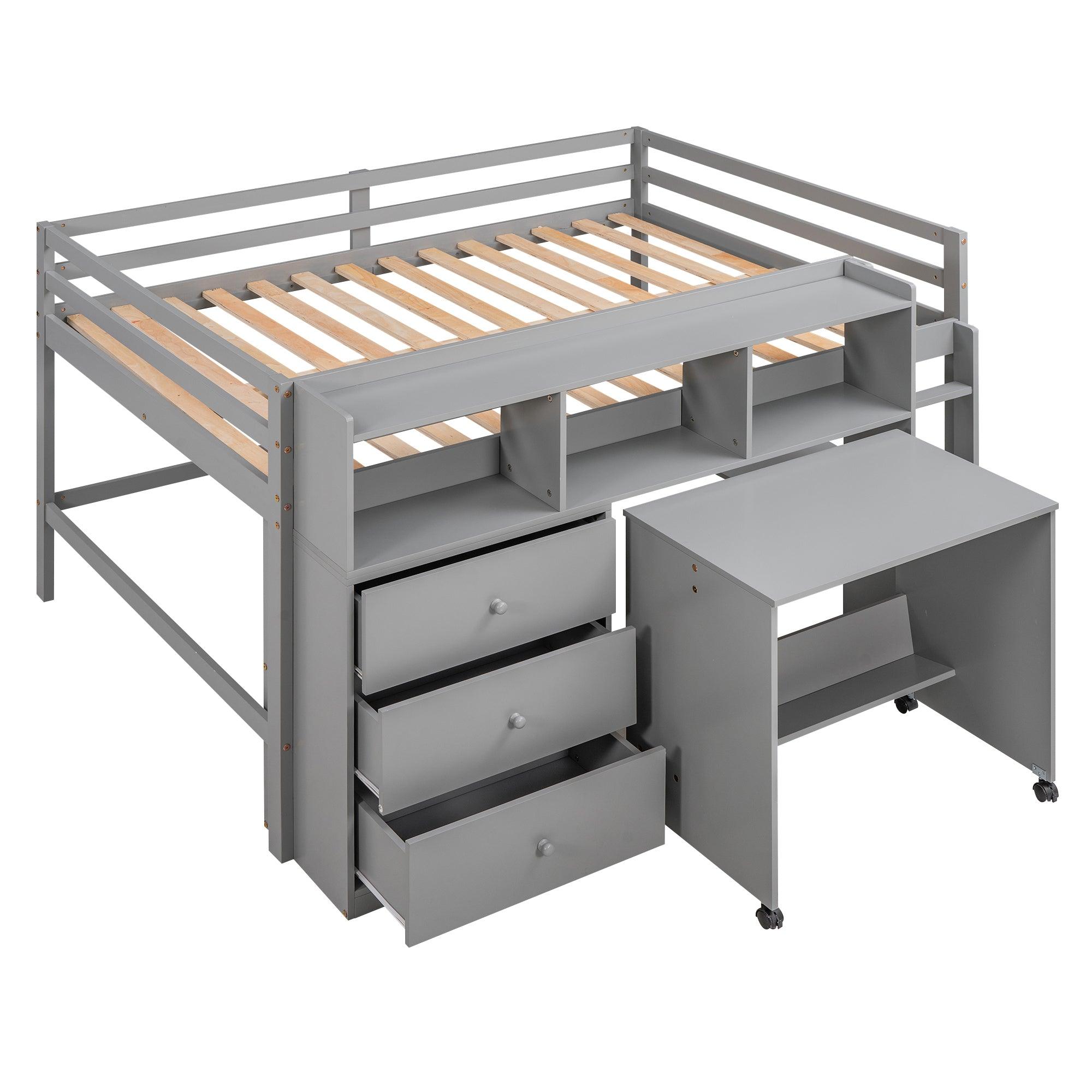 Full Size Low Loft Bed with Rolling Portable Desk, Drawers and Shelves, Gray