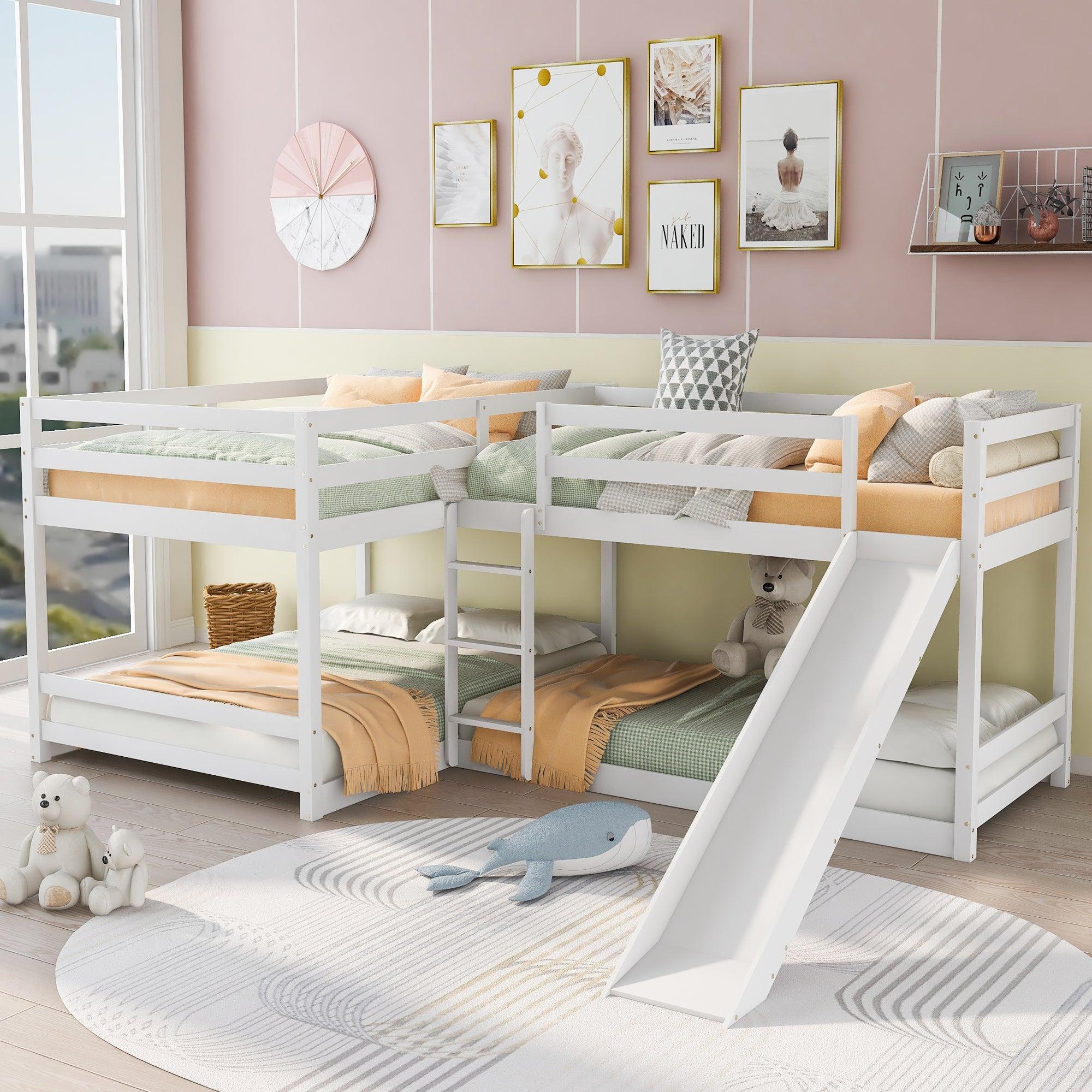 🆓🚛 Full & Twin Size L-Shaped Bunk Bed With Slide & Short Ladder, White