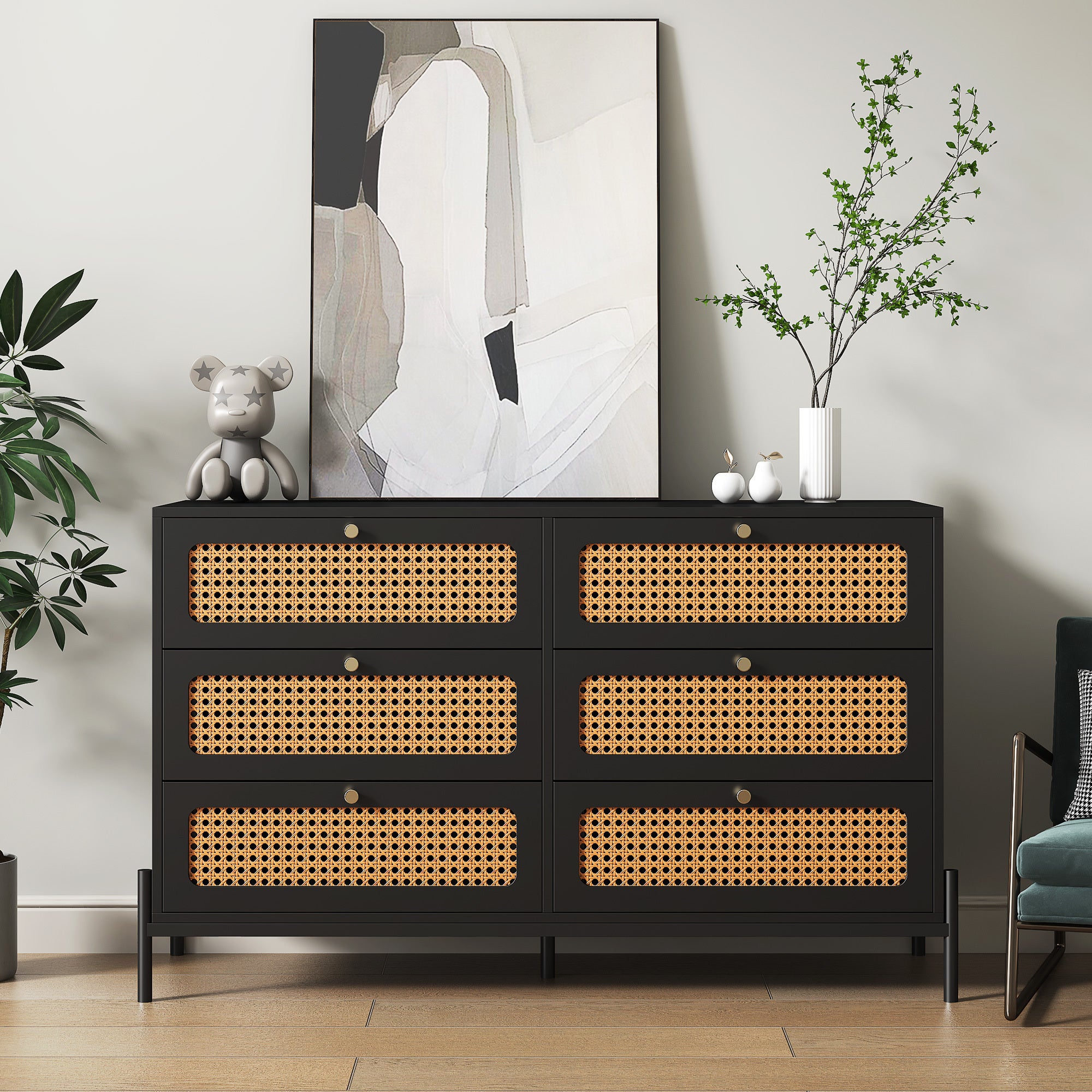 🆓🚛 Rattan 6-Drawer Storage Cabinet, Rattan Dresser Cabinet, Suitable for Bedroom & Living Room