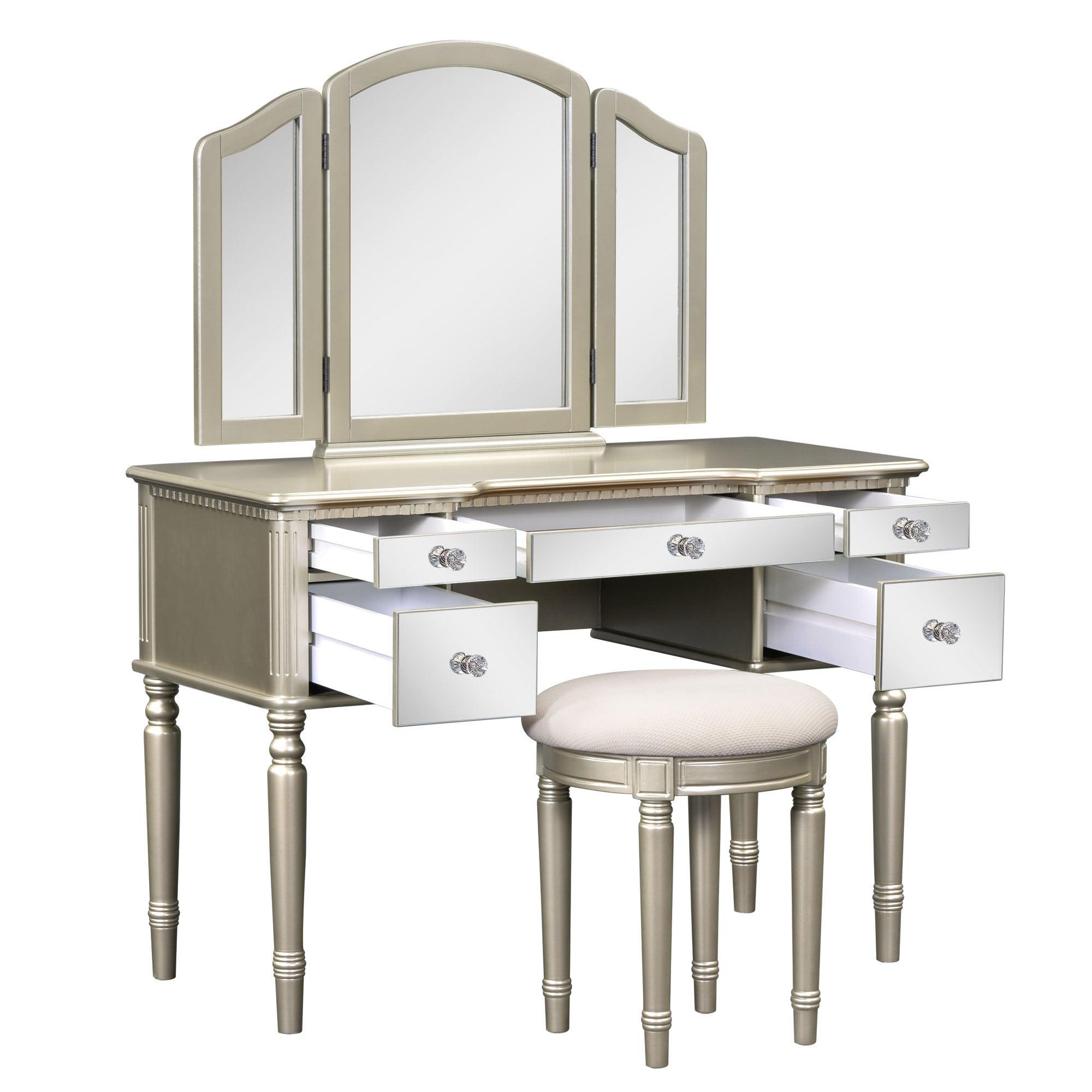 43" Dressing Table Set with Mirrored Drawers and Stool, Tri-fold Mirror, Makeup Vanity Set for Bedroom, Gold