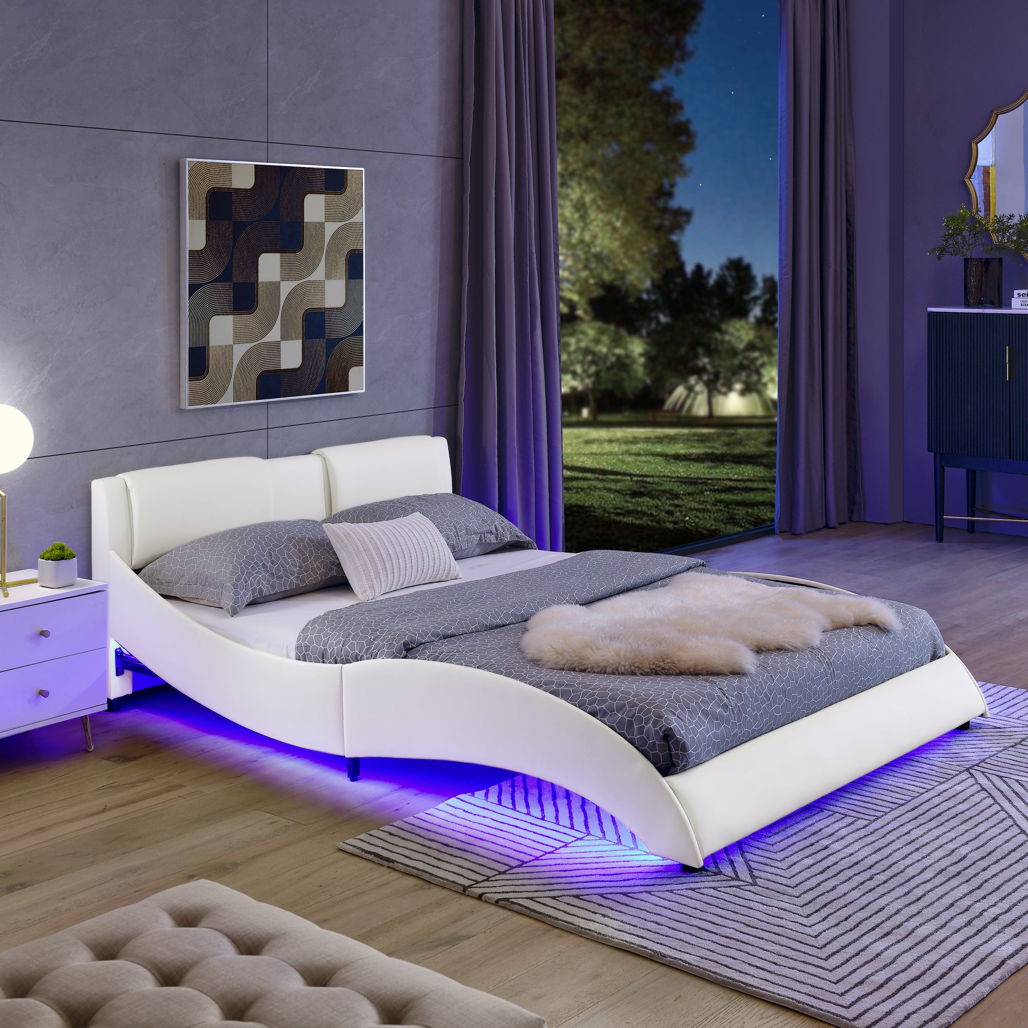 Queen Led Bed Frame Modern Faux Leather Upholstered Platform Bed Frame With Rgb Led Lights and Headboard Wave Like Curve Low Profile Bed Frame, Wood Slats Support, Easy Assembly, White