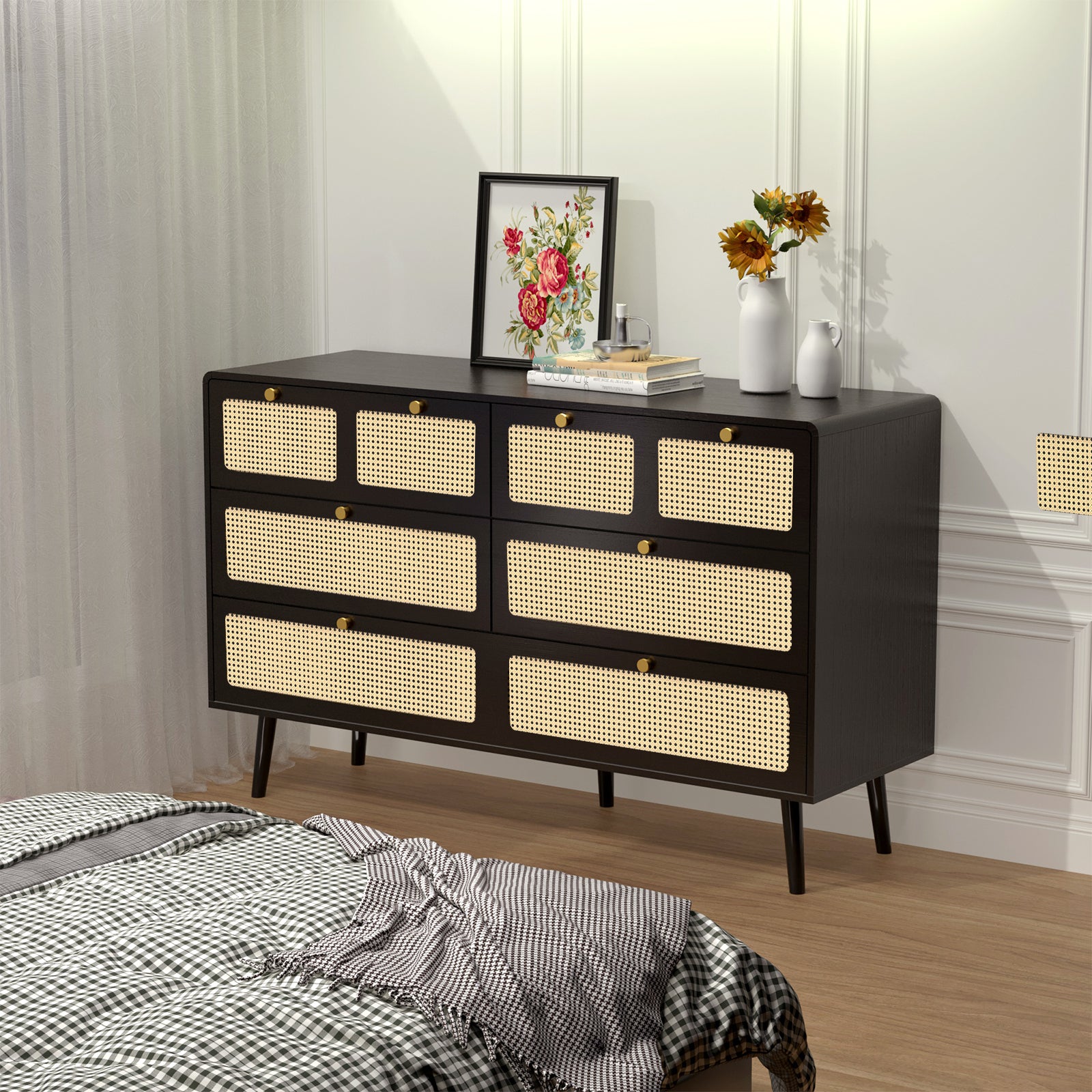 🆓🚛 6 Drawer Dresser, Modern Rattan Dresser Chest With Wide Drawers & Metal Handles, Farmhouse Wood Storage Chest of Drawers for Bedroom, Living Room, Hallway, Entryway