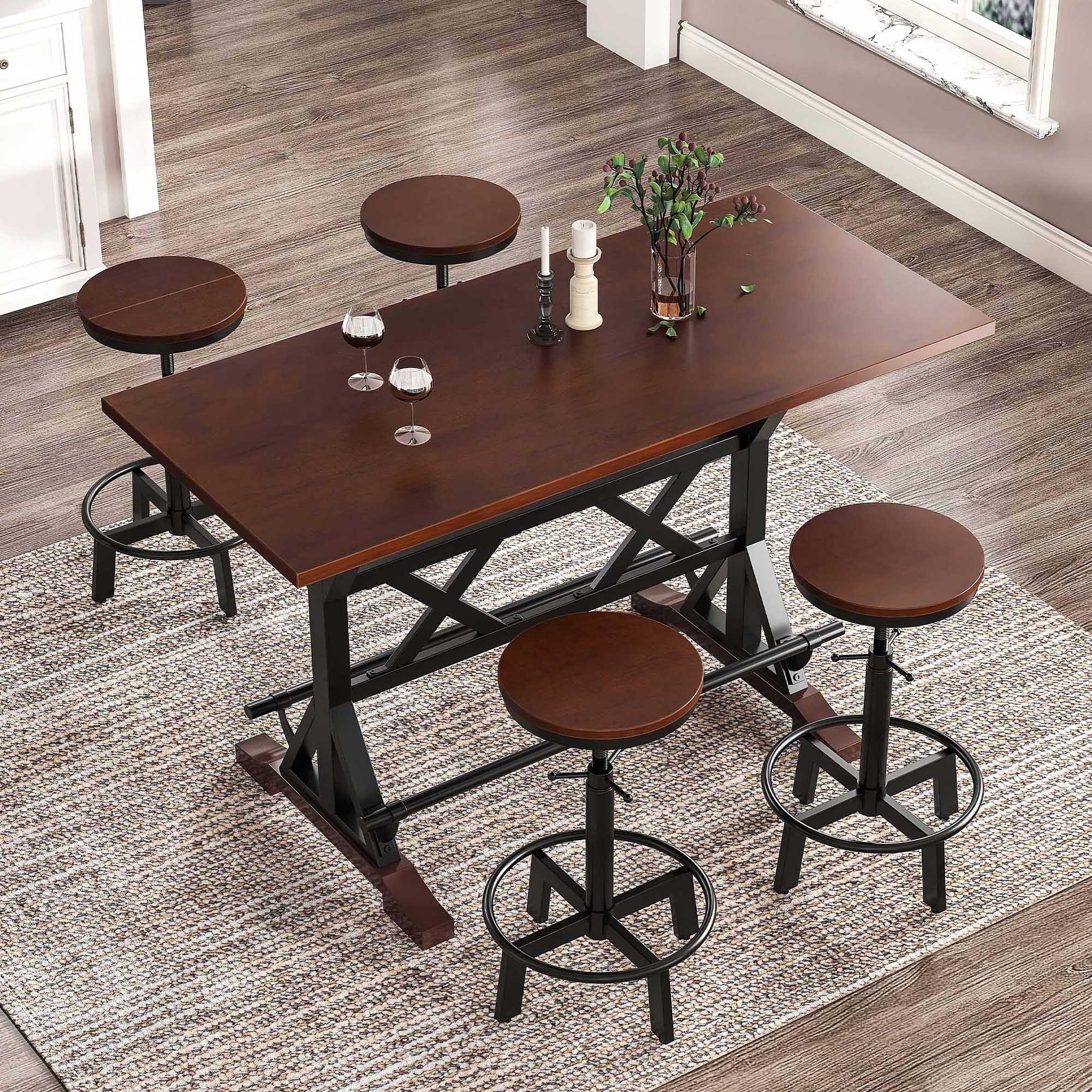 🆓🚛 5-Piece Dining Set, 59" Wooden Bar Table With Stabilizing Base, 4 Rustic Brown Industrial Adjustable Height Chairs