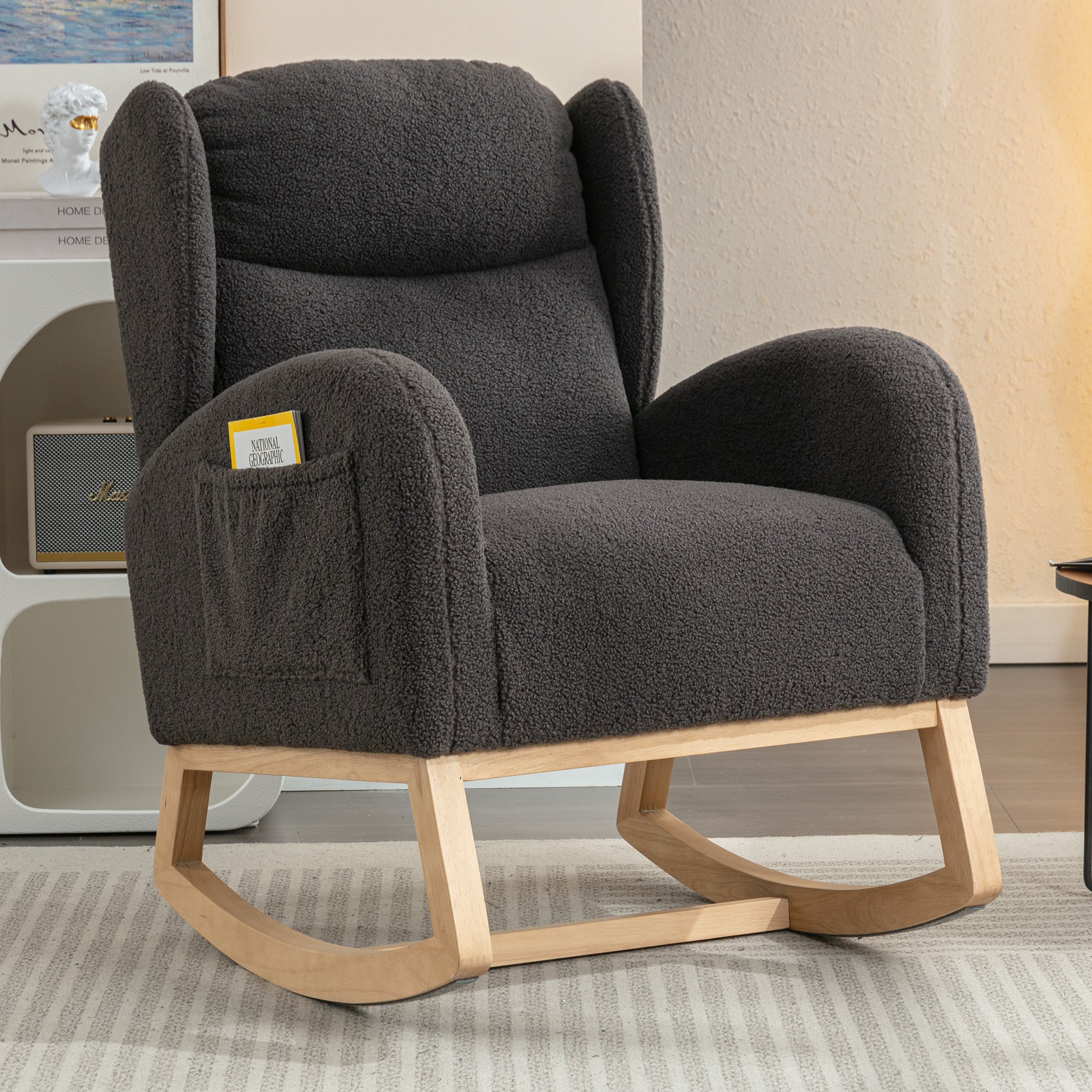 🆓🚛 Teddy Fabric Rocking Chair With Packet Wood Legs, Dark Gray